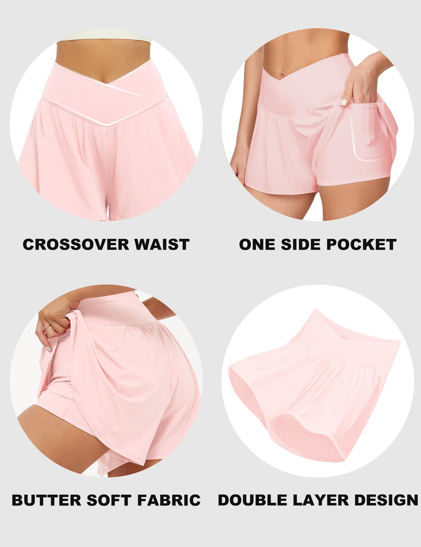 Crossover Athletic Shorts for Women – 2-in-1 Flowy Running Shorts with Pockets & Spandex Tennis Skorts