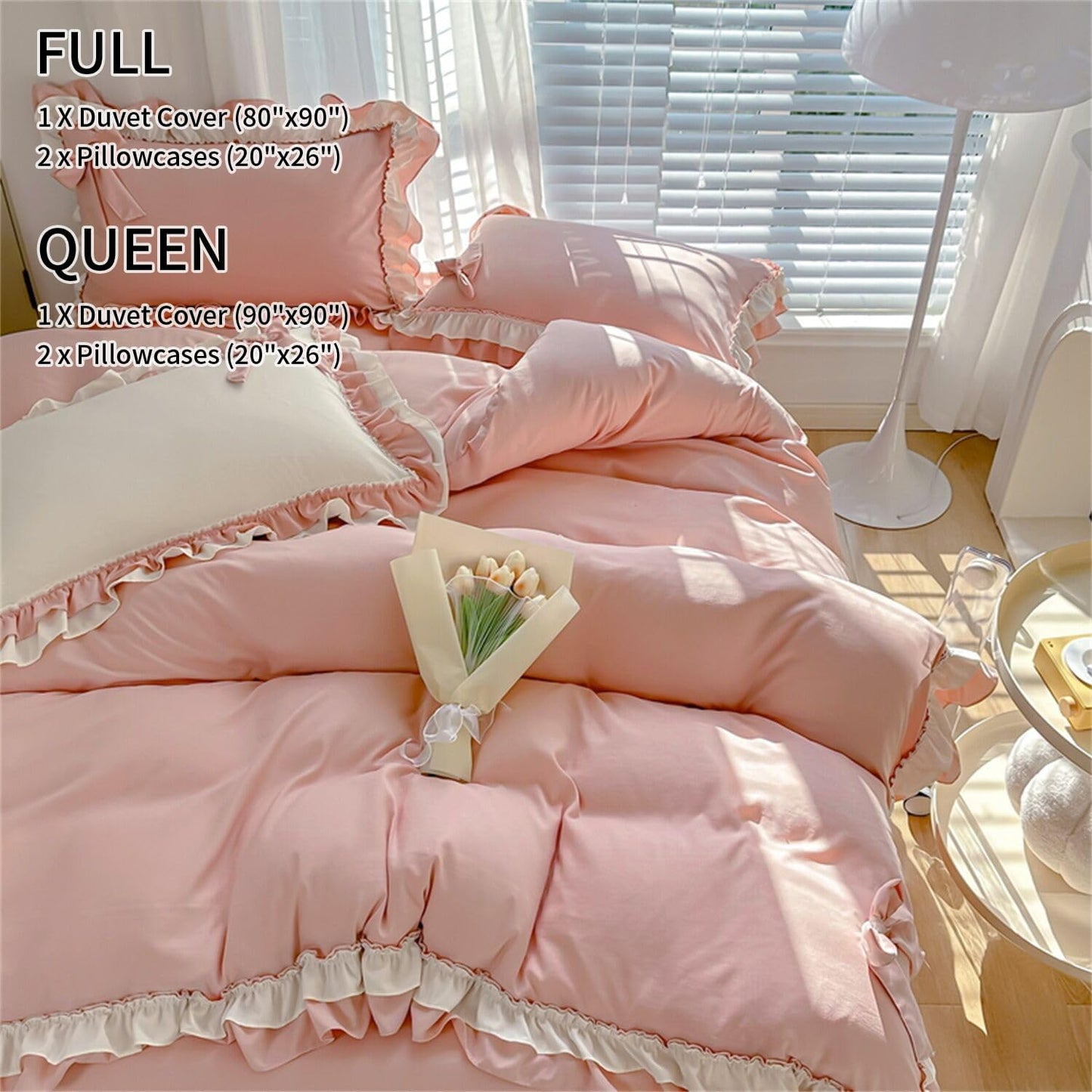 Girls Pink Bow Duvet Cover Princess Ruffle Bedding 100% Washed Microfiber 3pcs,Ruffled Duvet Cover Set