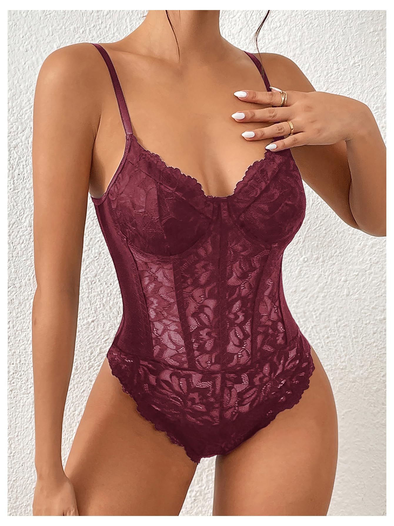 Sexy Floral Lace Sheer Mesh Corset Bodysuit Spaghetti Strap Cami Tops