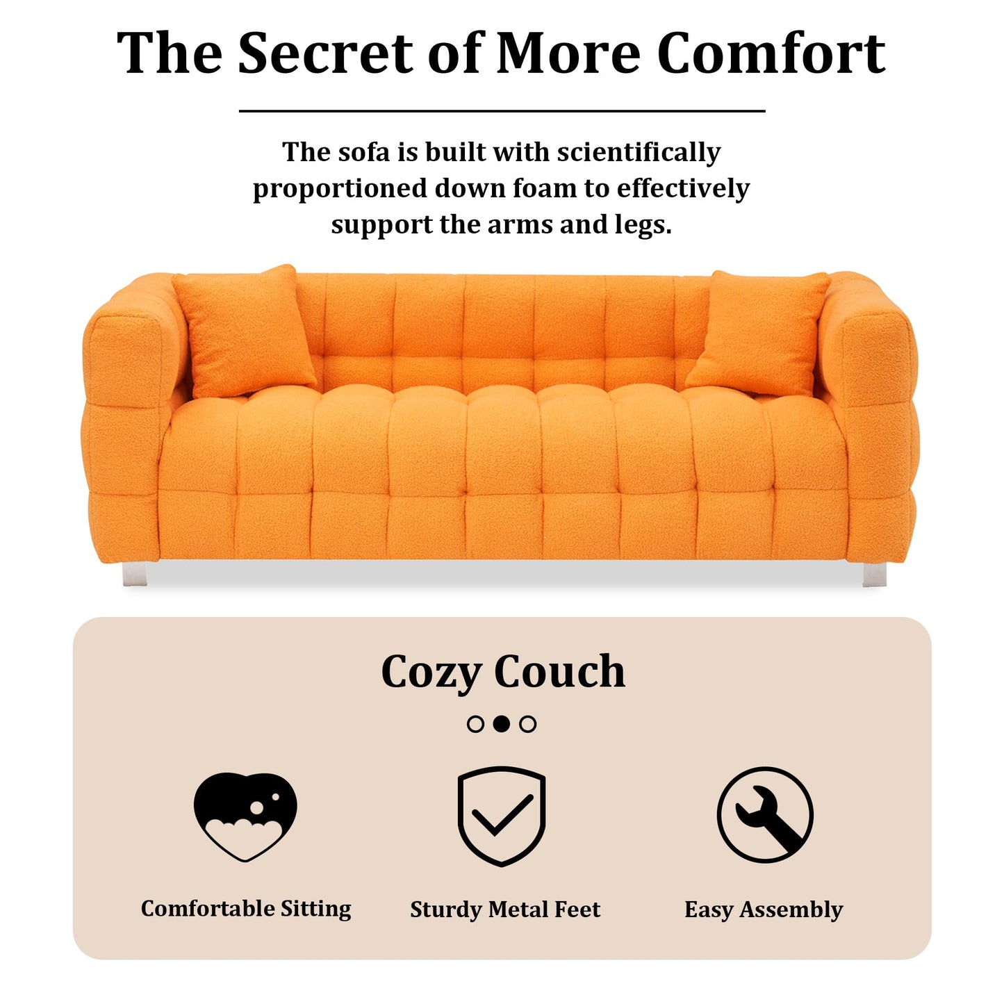 Modern Sofa Couch with Metal Legs Upholstered Tufted 3 Seater Couch with 2 Pillows Decor