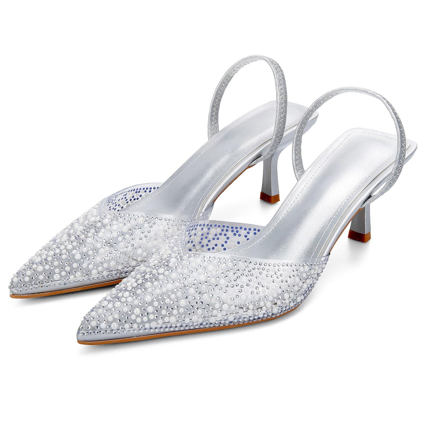 Women's Sparkly Rhinestone Slip On Clear Slingback Kitten Heels with Pearl Studded Pointed Toe