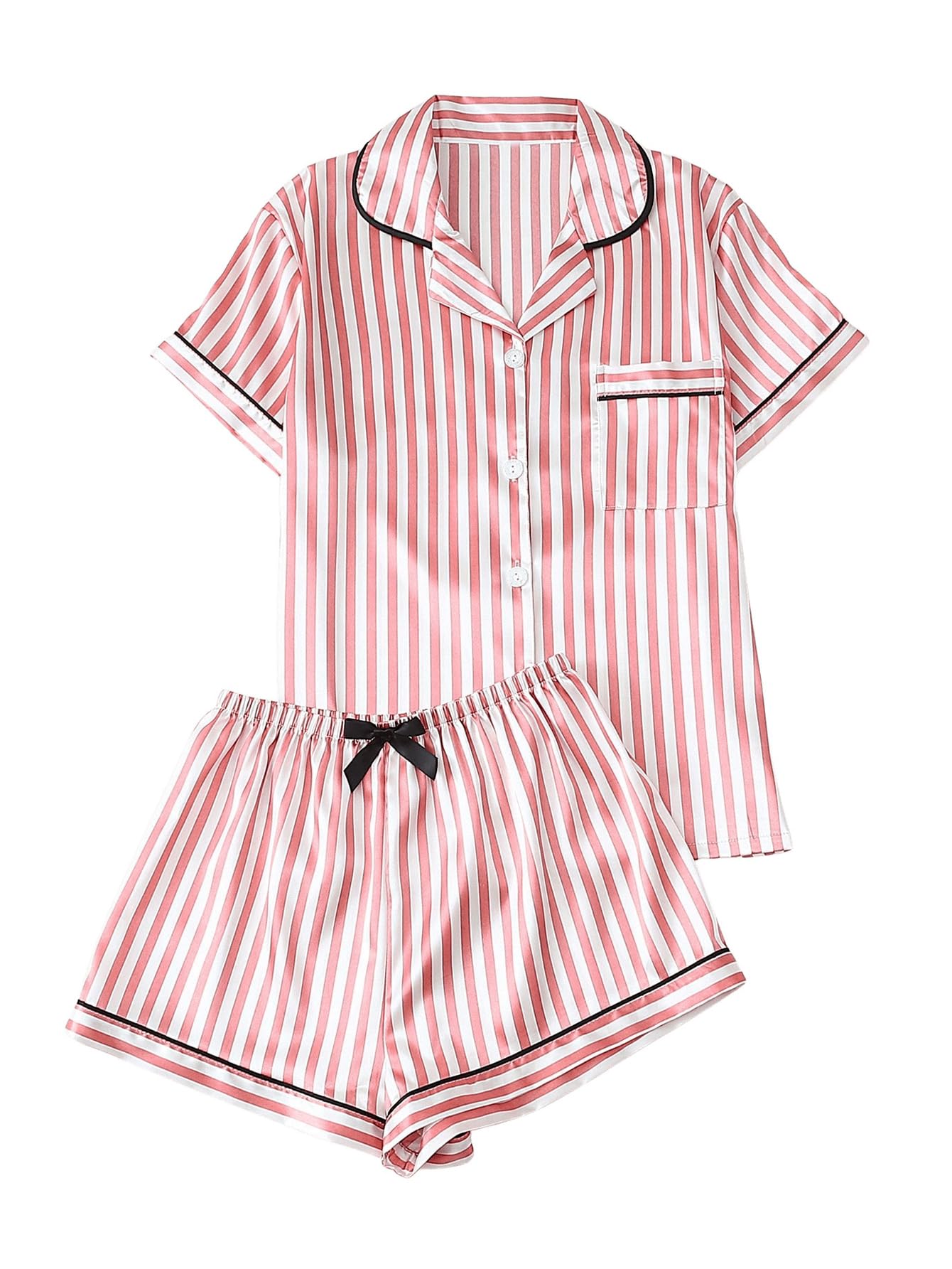 Coquette Bow Tie Women's 2 Piece Satin Striped Pajama Set Short Sleeve Button Down Top and Shorts Sleepwear