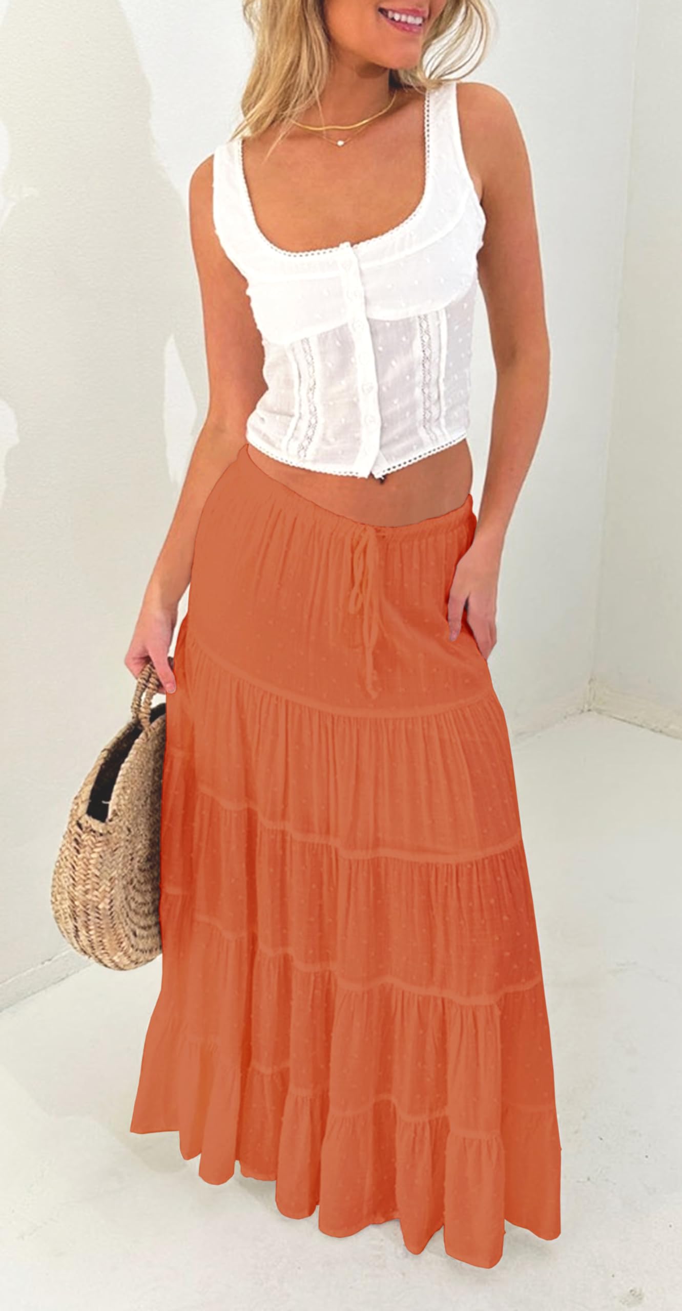 Women's Casual High Elastic Waist Ruffle Boho Pleated A-line Long Maxi Skirt