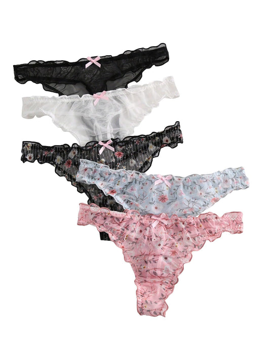 Women's 5pack Floral Print Low Rise Panty Set Frill Trim Textured Soft Underwear