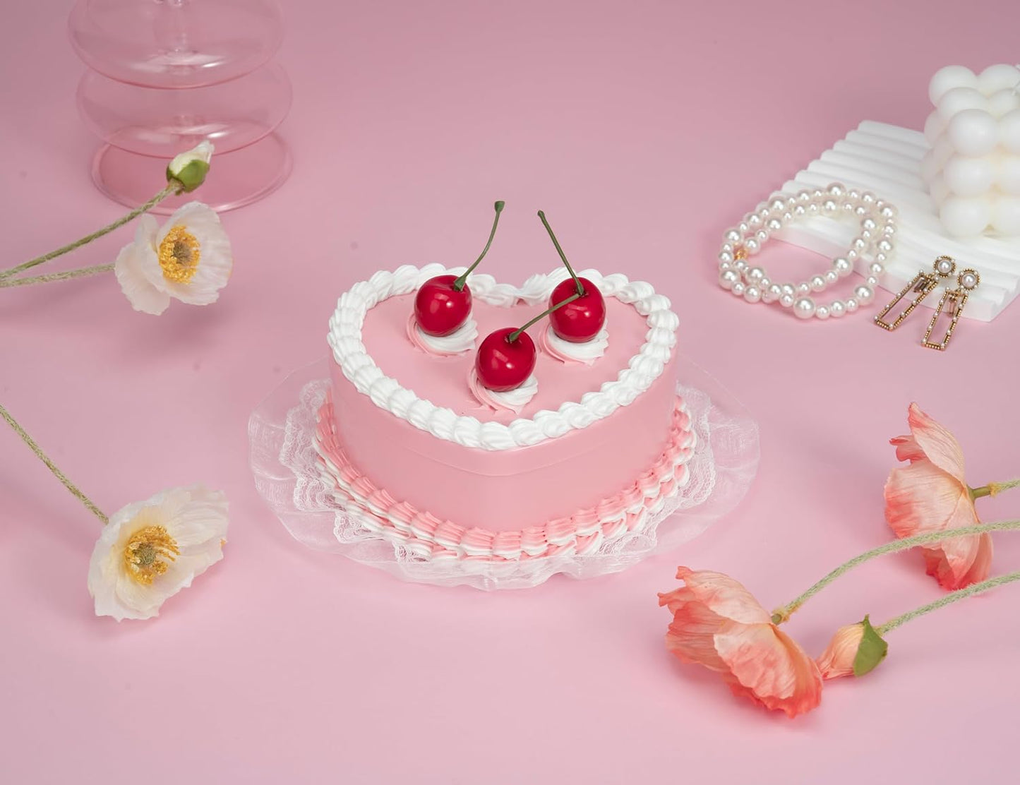 Coquette Fake Cherry Pink Cake Room Decor, Heart Shaped Jewelry Box