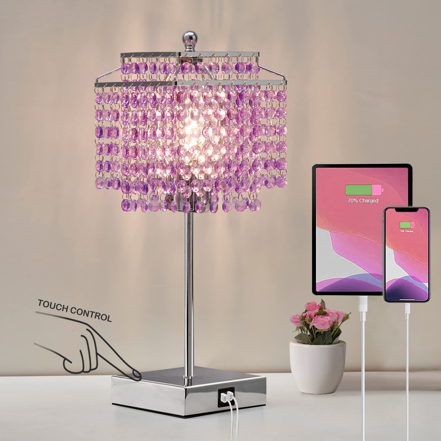 Luvkczc Set of 2 Bedside Pink Crystal Table Lamp, Touch Control Crystal Lamp, 3-Way Dimmable Lamp with Crystal Shade for Bedroom, Girl Living Room, 6W B11 Bulb Included