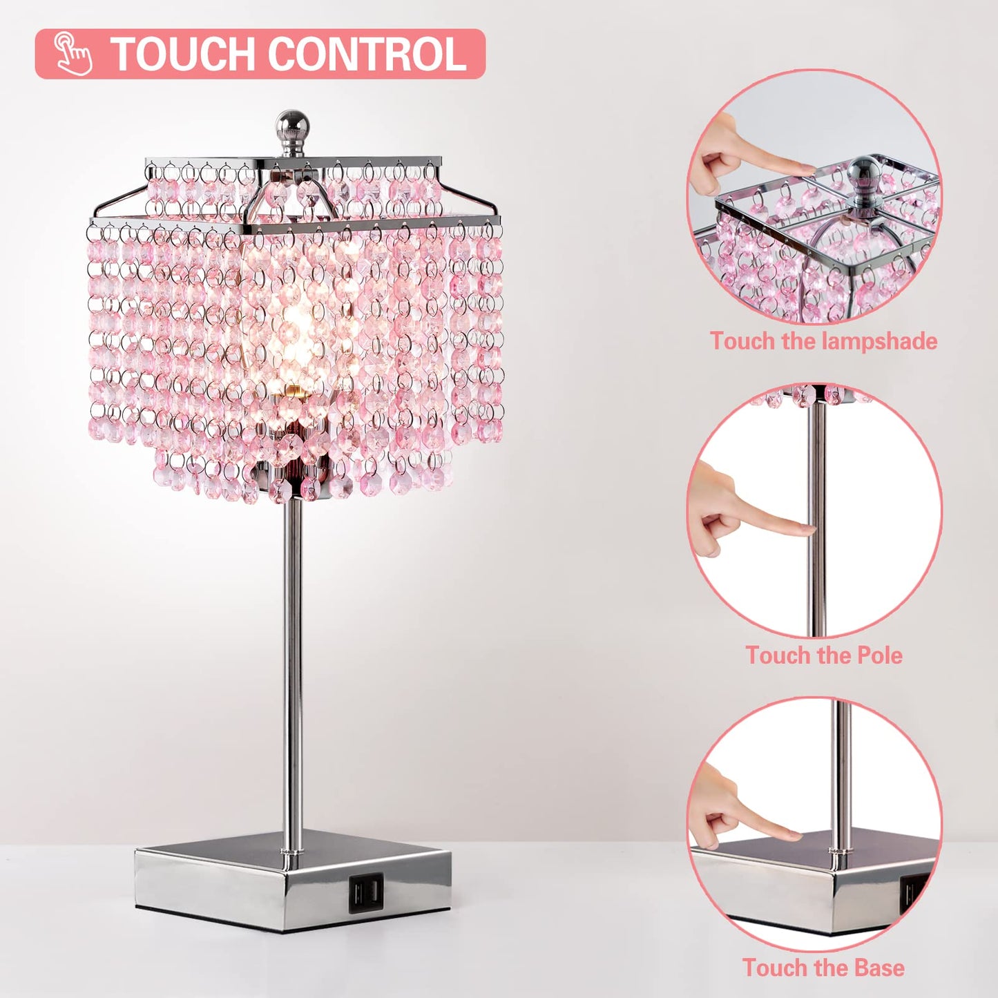 Luvkczc Set of 2 Bedside Pink Crystal Table Lamp, Touch Control Crystal Lamp, 3-Way Dimmable Lamp with Crystal Shade for Bedroom, Girl Living Room, 6W B11 Bulb Included