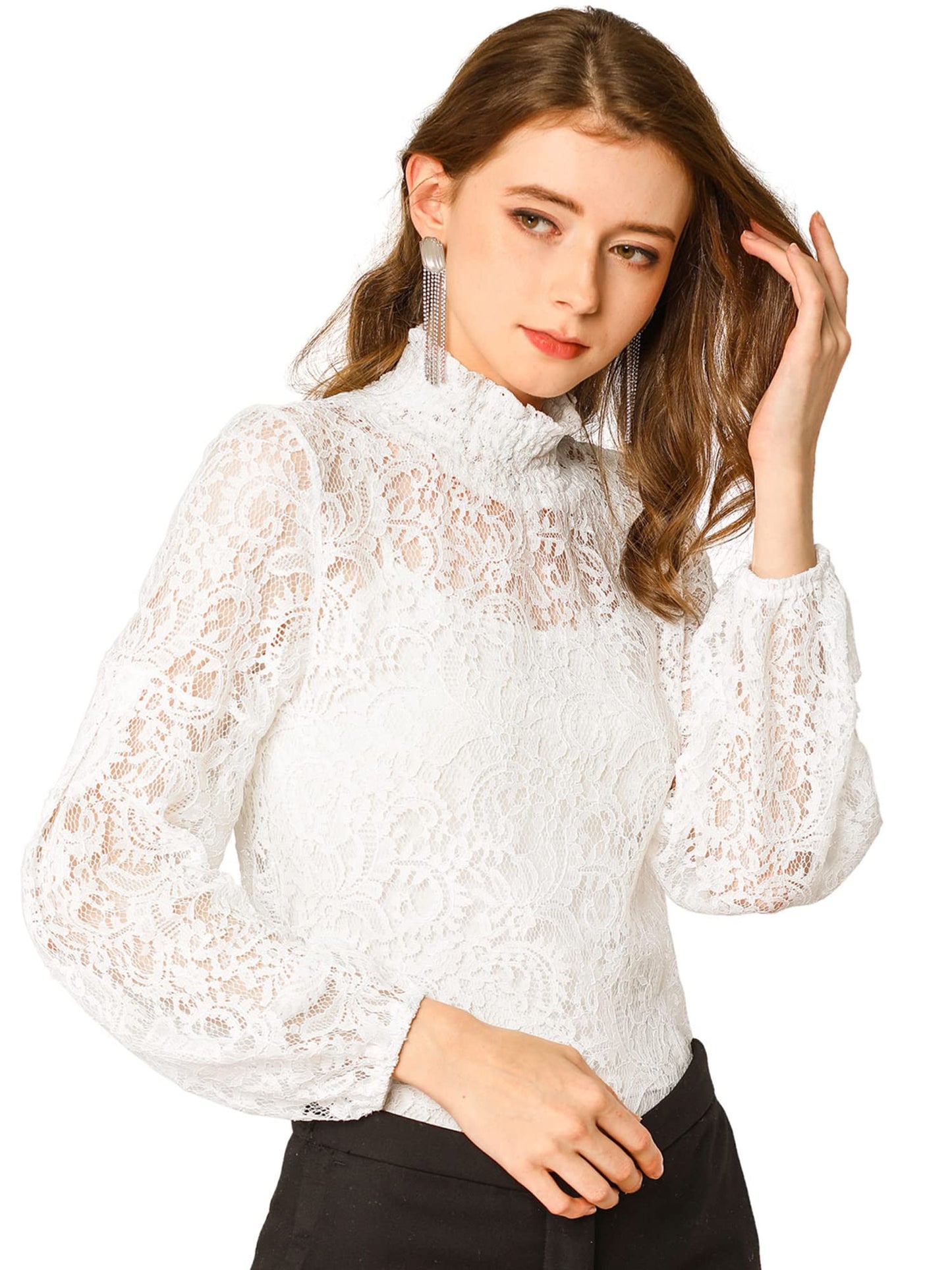 Floral Lace Top Turtleneck Puff Long Sleeve See Through Sheer Blouse