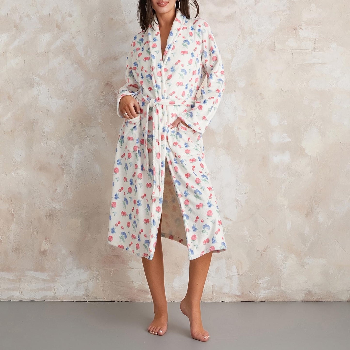 Women's Soft Floral Fruit Print Plush Shawl Collar Bathrobe with Belt