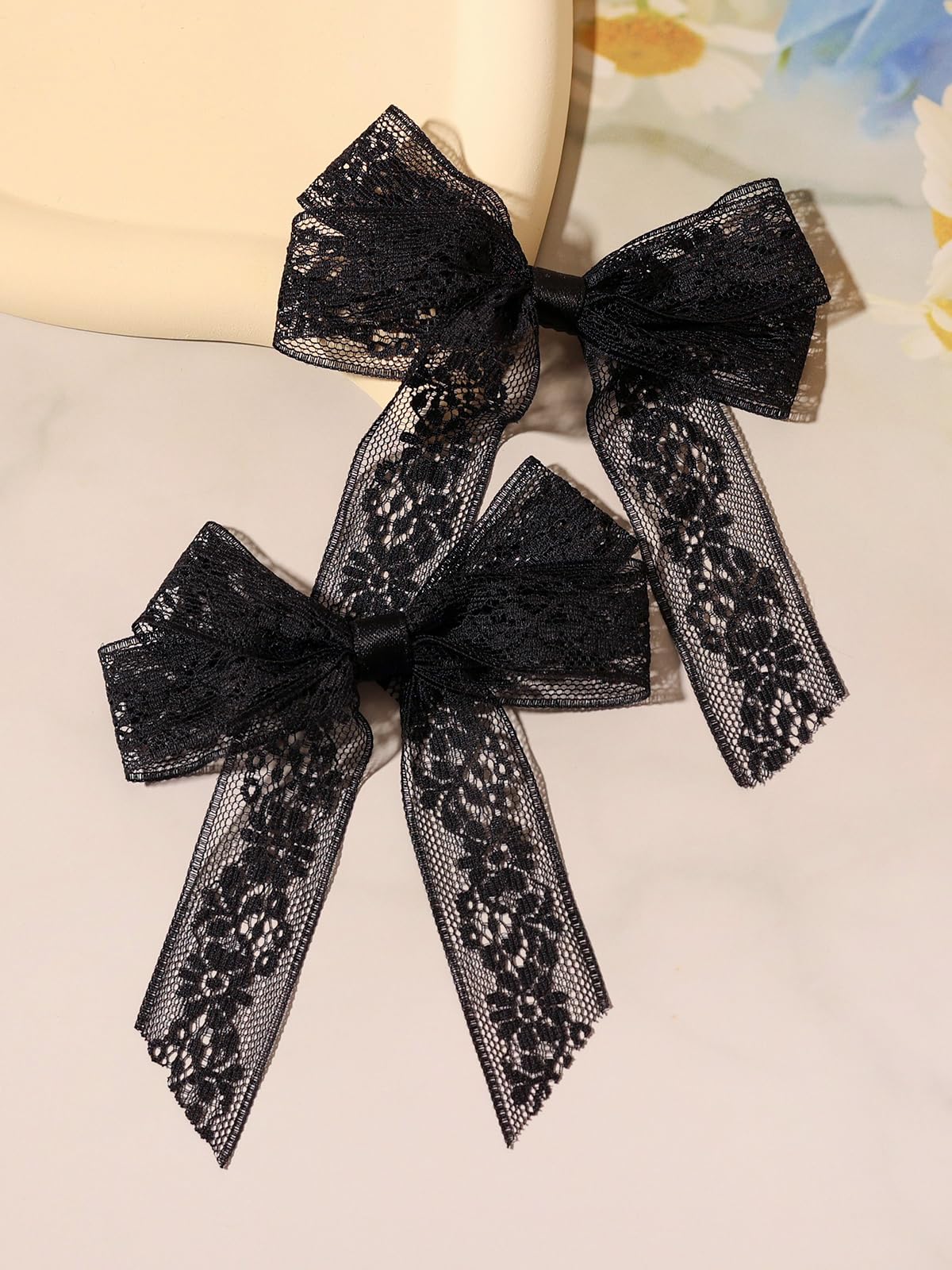 Lace Tulle Hair Bows with Long Tail Ribbons, Metal Bowknot and Tassel Barrettes