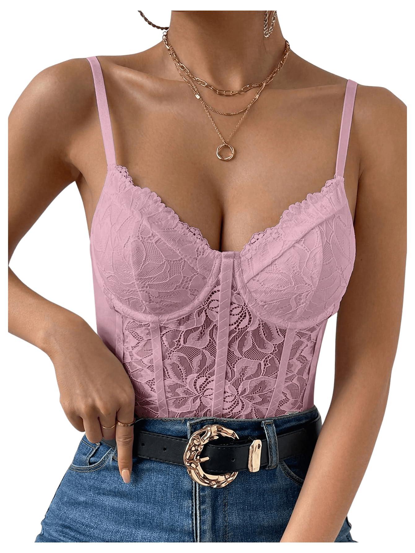 Sexy Floral Lace Sheer Mesh Corset Bodysuit Spaghetti Strap Cami Tops