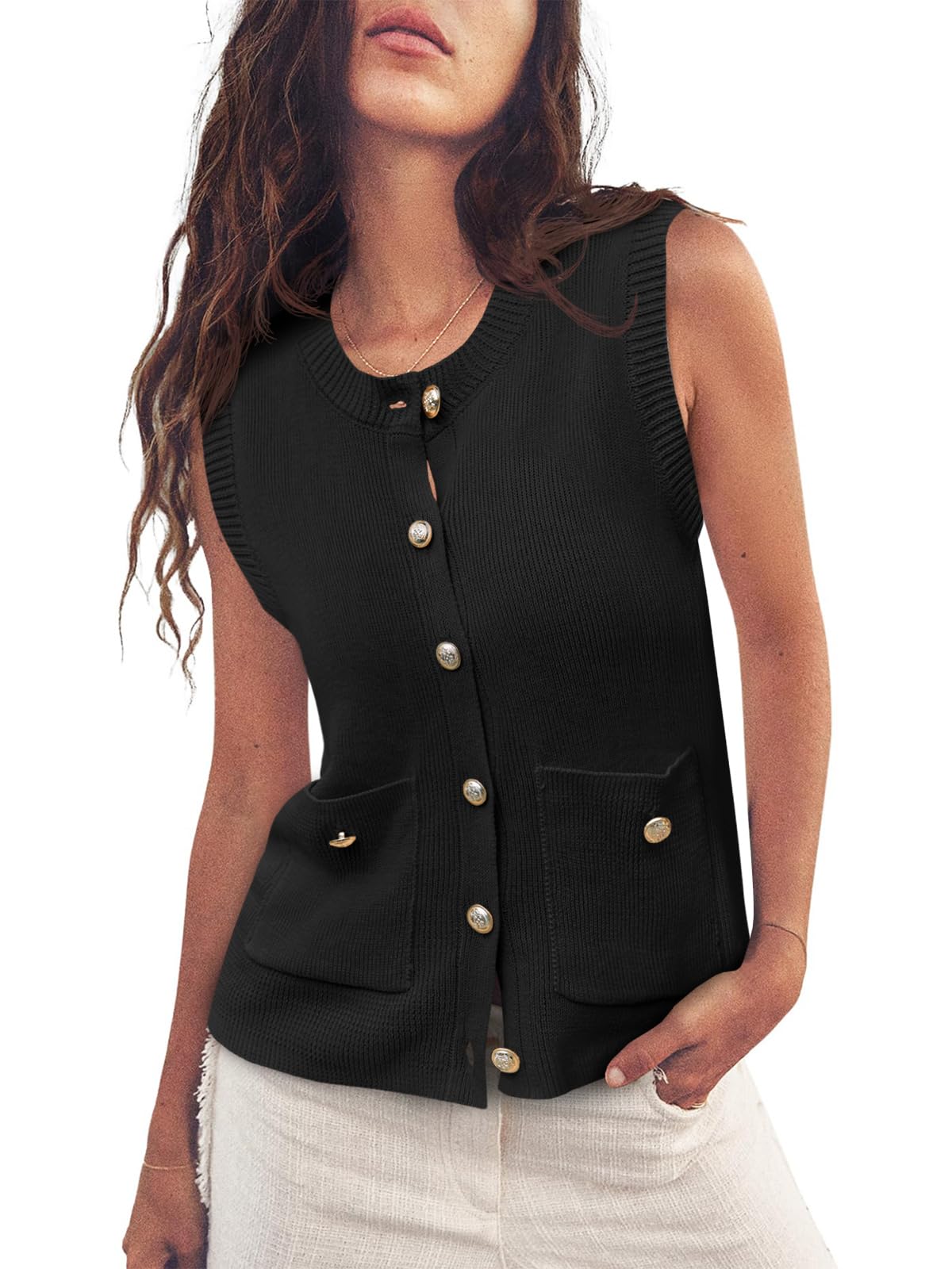 Cropped Sweater Vest Sleeveless Button Ribbed Knit Crew Neck Cardigan Vests Top with Pockets