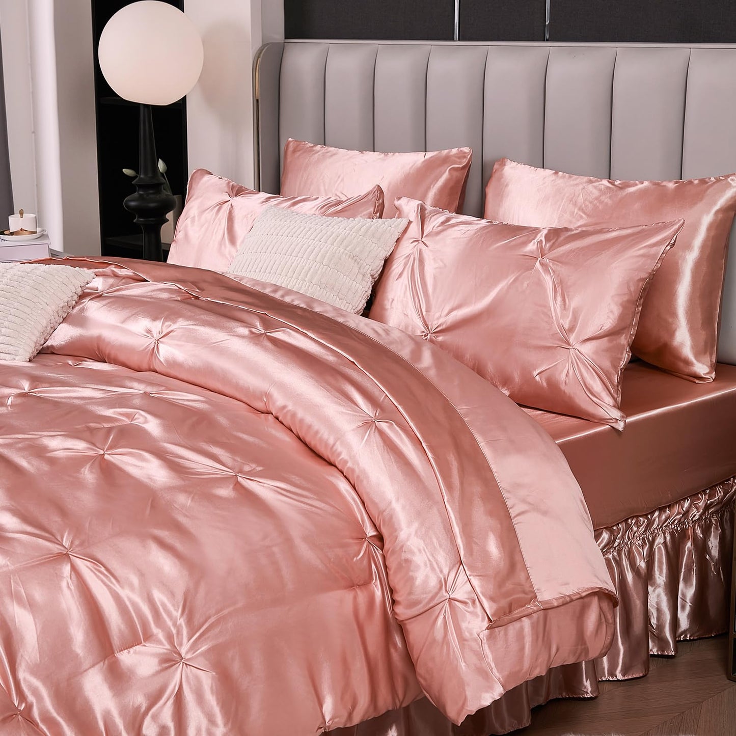 Pinch Pleat Bedding Set - Pin-tuck Luxury Bed Comforter Set 10 Pcs, Soft Silky Down Comforter Bed Set Satin with Sheets