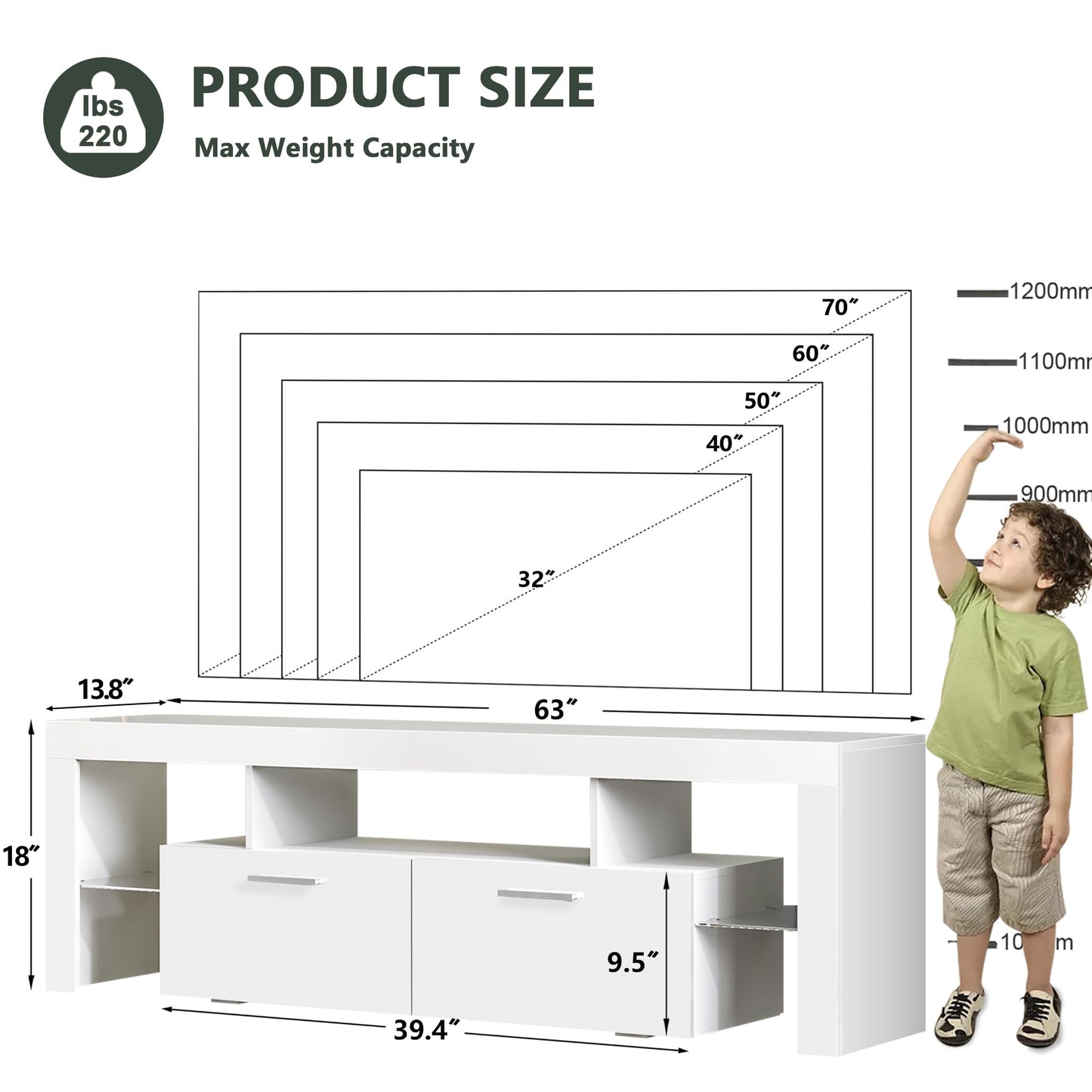 LED TV Stand with Large Storage Drawer -  Modern High Gloss TV Console Table with Entertainment Center