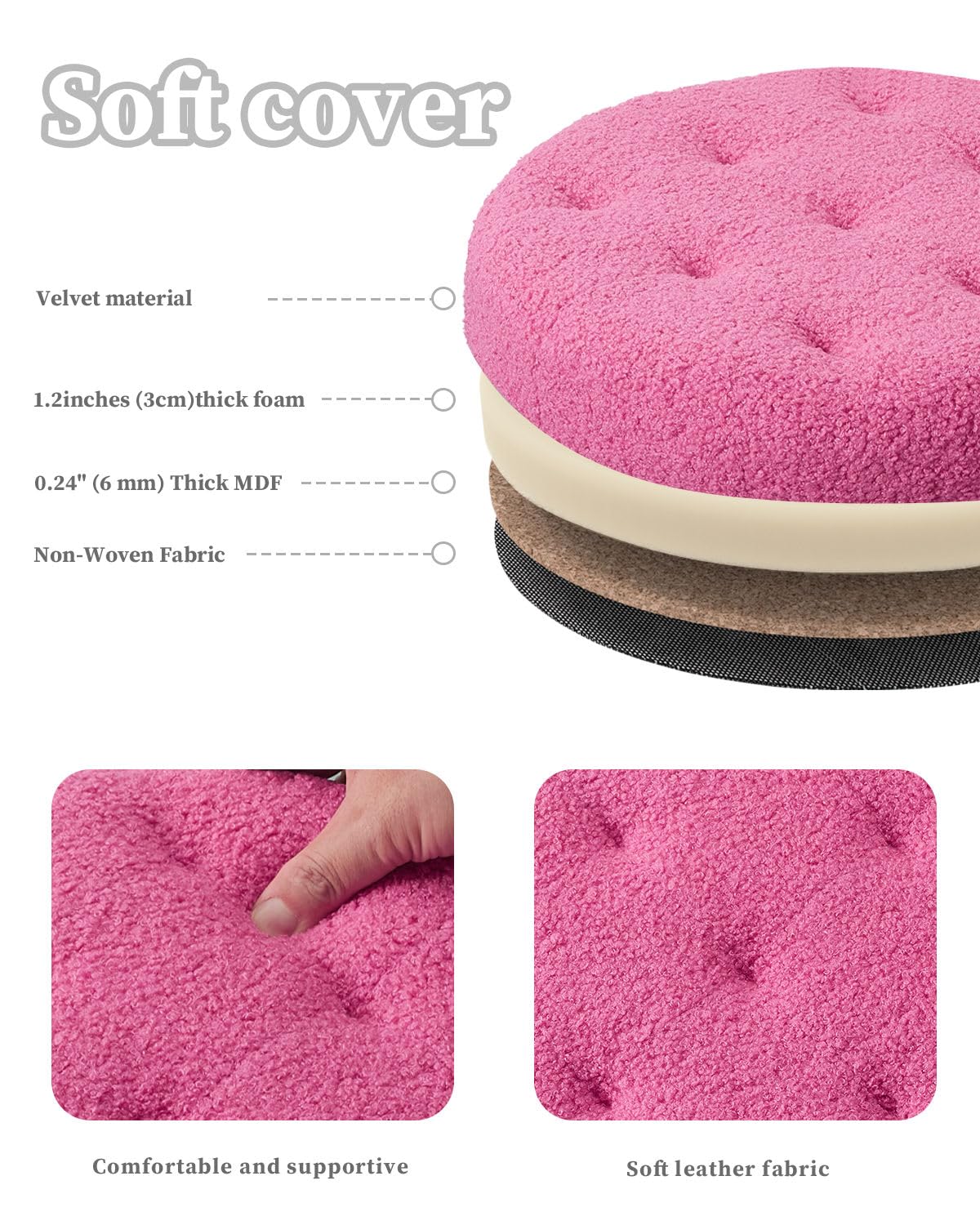 Round Storage Ottoman Foot Stool, Faux Teddy Tufted Ottoman with Storage, Foot Rest for Living Room Bedroom or Dorm 13.7x13.7x13 inches