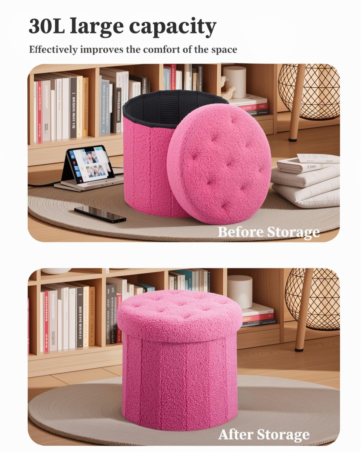 Round Storage Ottoman Foot Stool, Faux Teddy Tufted Ottoman with Storage, Foot Rest for Living Room Bedroom or Dorm 13.7x13.7x13 inches