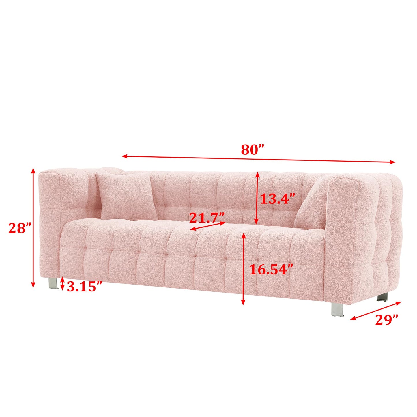 Modern Sofa Couch with Metal Legs Upholstered Tufted 3 Seater Couch with 2 Pillows Decor