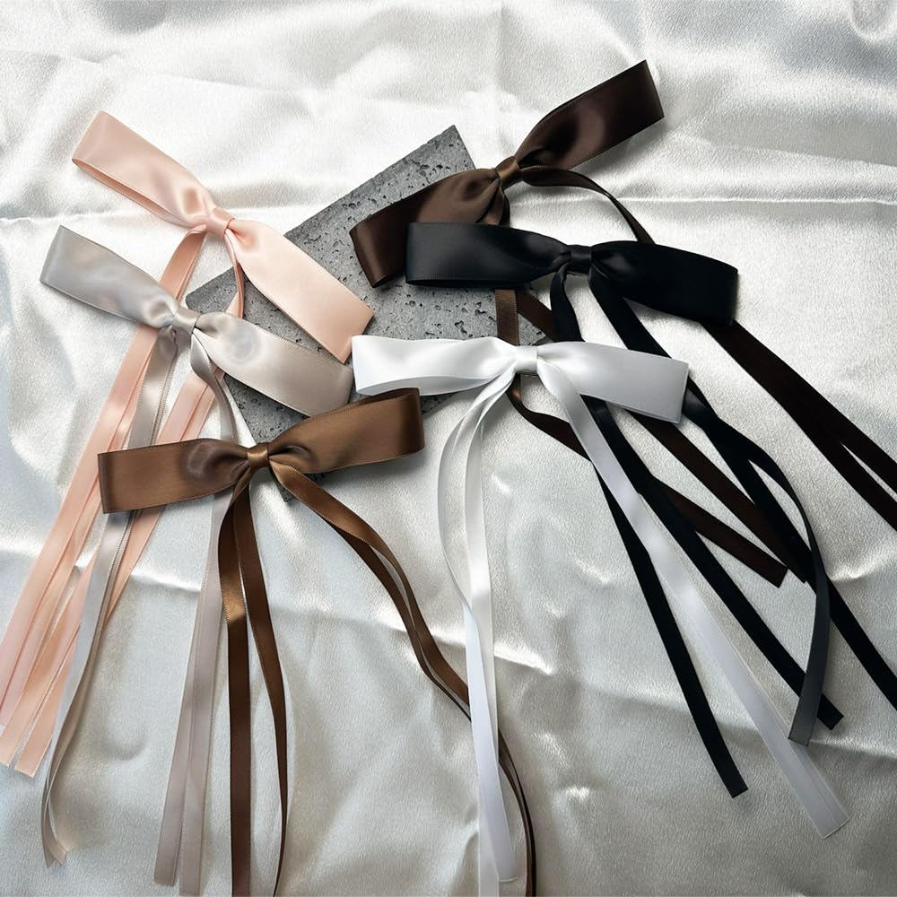 Satin 4-Piece Hair Ribbon Clips for Women and Girls – Pink and Beige Long Tail Bow Hair Accessories