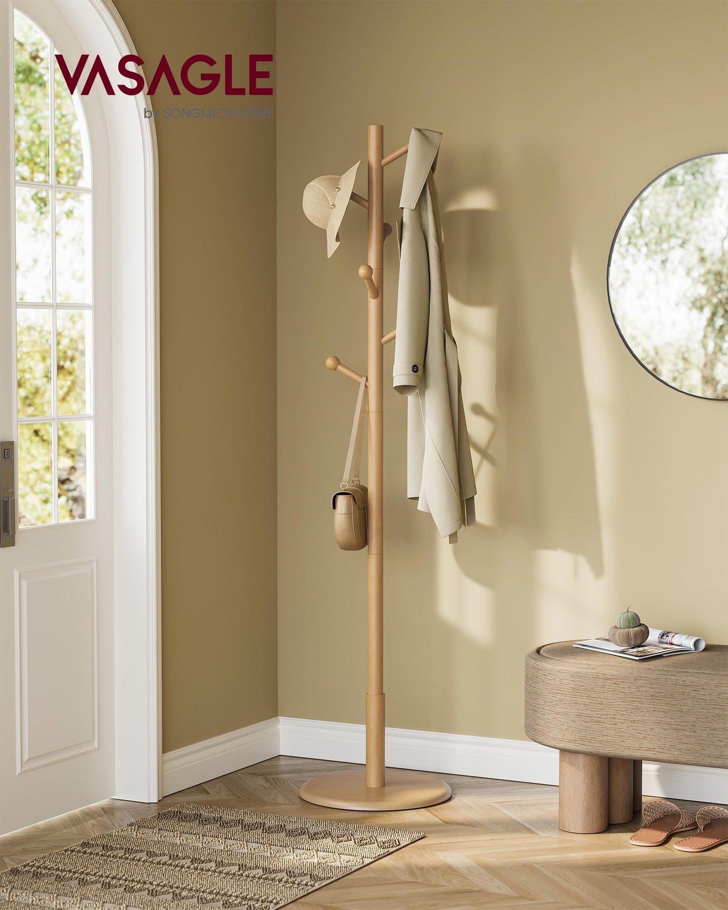 Solid Wood Coat Rack – Free-Standing Tree with 8 Hooks, Adjustable Height for Coats, Hats, and Bags