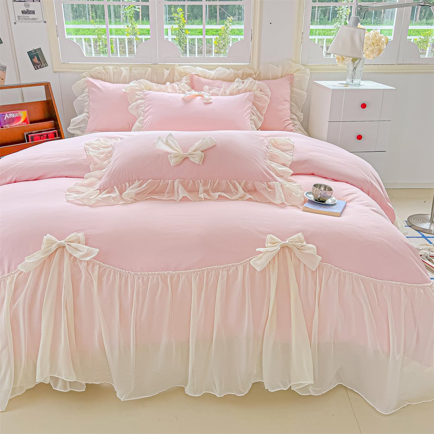 Princess Style Lace Bedding Comforter Cover Set, Chic Ruffled Duvet Cover with Lovely Bow, 1 Duvet Cover with 2 Pillowcases, No Comforter