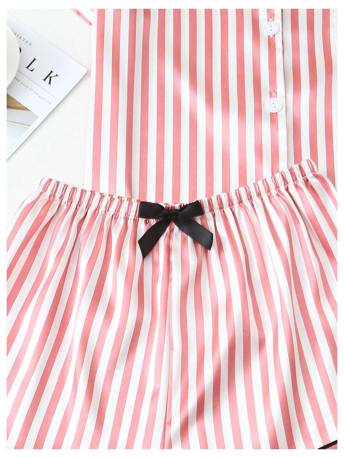 Coquette Bow Tie Women's 2 Piece Satin Striped Pajama Set Short Sleeve Button Down Top and Shorts Sleepwear