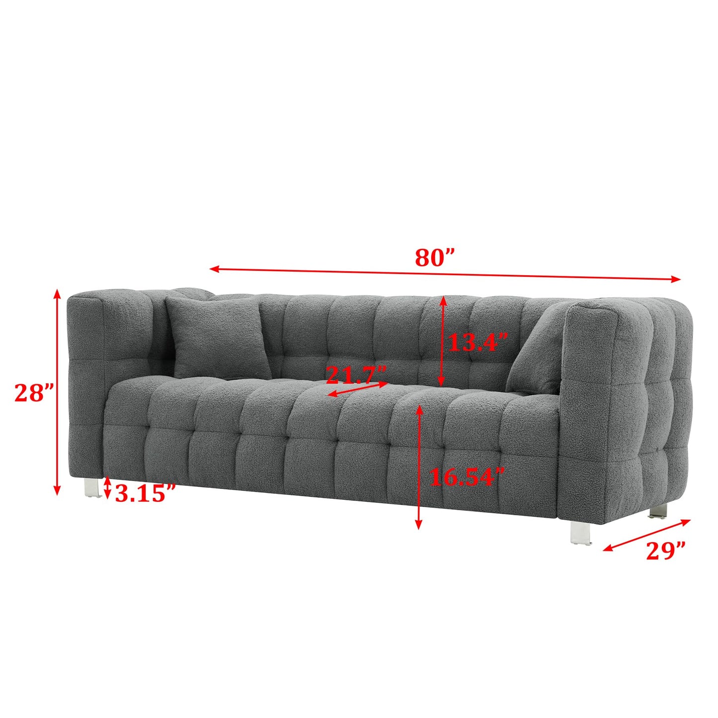 Modern Sofa Couch with Metal Legs Upholstered Tufted 3 Seater Couch with 2 Pillows Decor