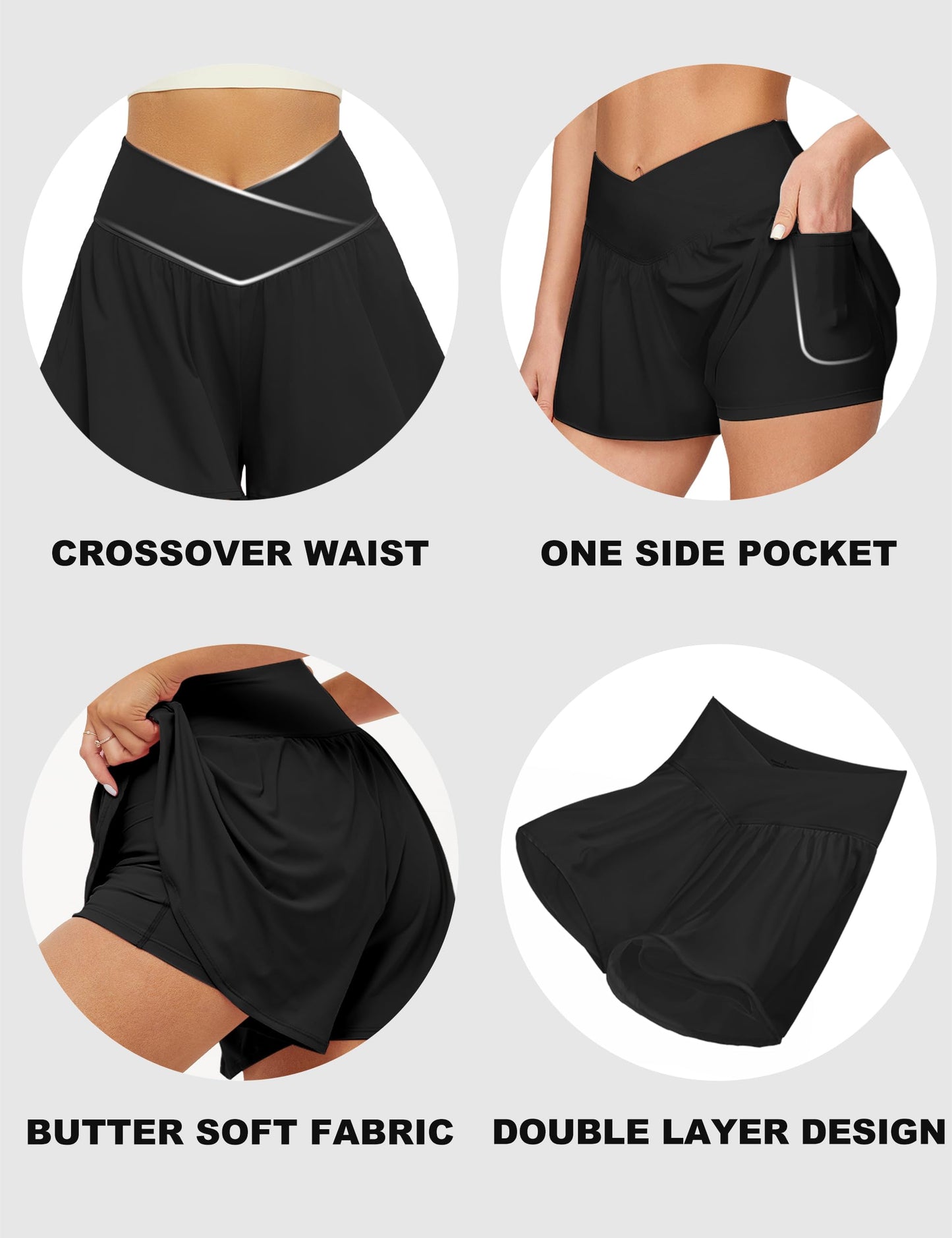 Crossover Athletic Shorts for Women – 2-in-1 Flowy Running Shorts with Pockets & Spandex Tennis Skorts