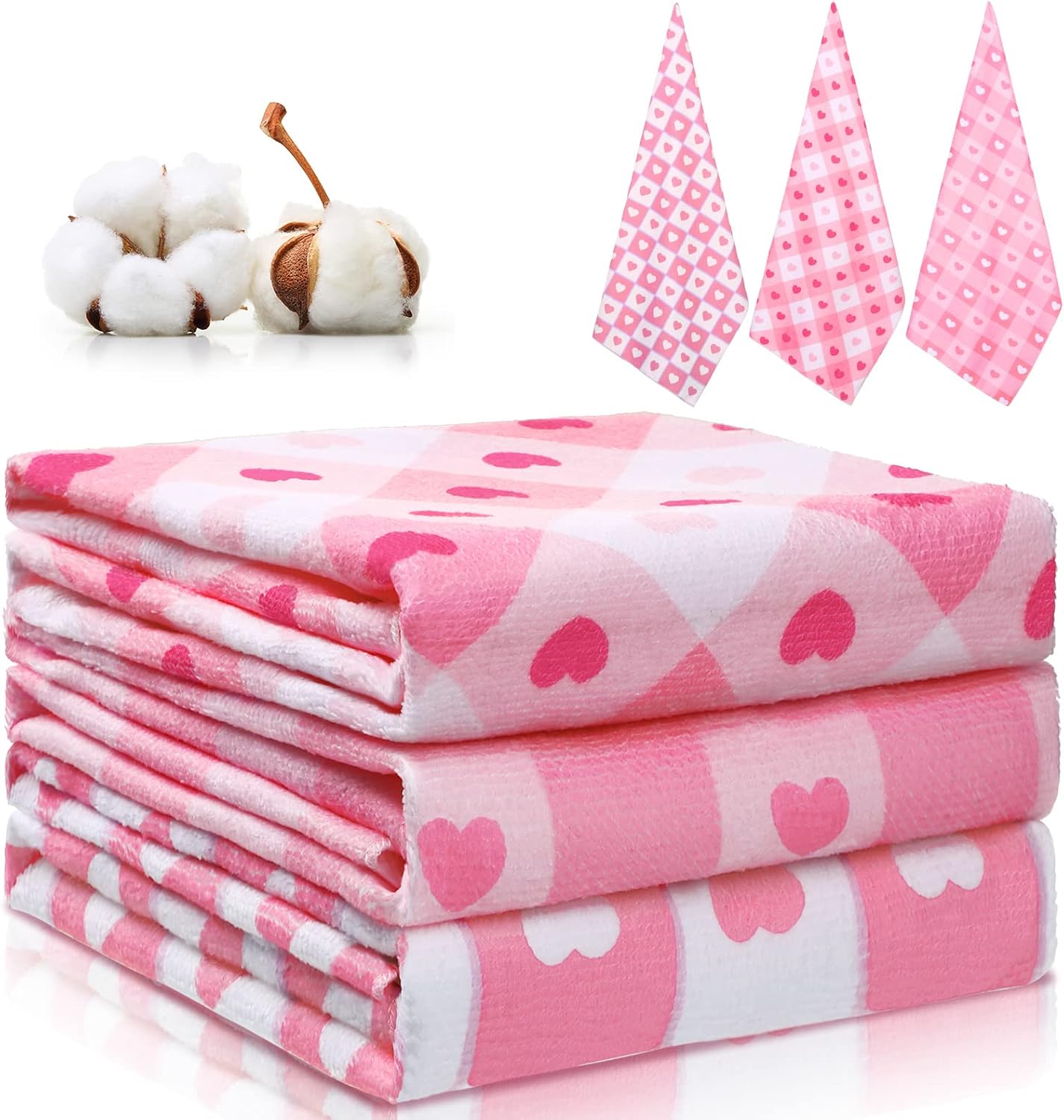 Valentine's 3 Pcs Kitchen Dish Tea Towels Pink Heart Hand Towels 18 x 28 Inches