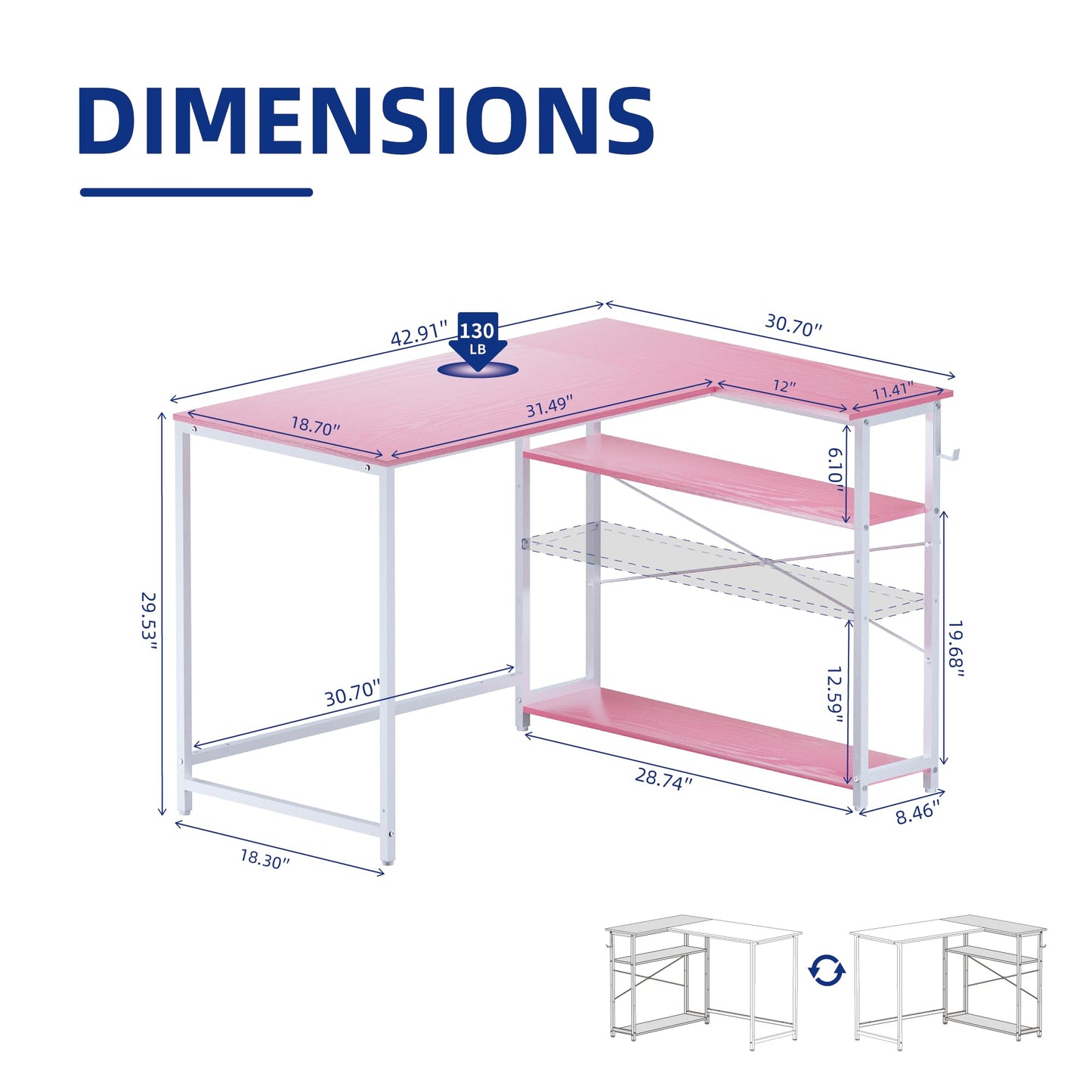 L-Shaped Computer Desk with Reversible Storage Shelves – Compact Corner Desk for Home Office, Bedroom, or Study 43"