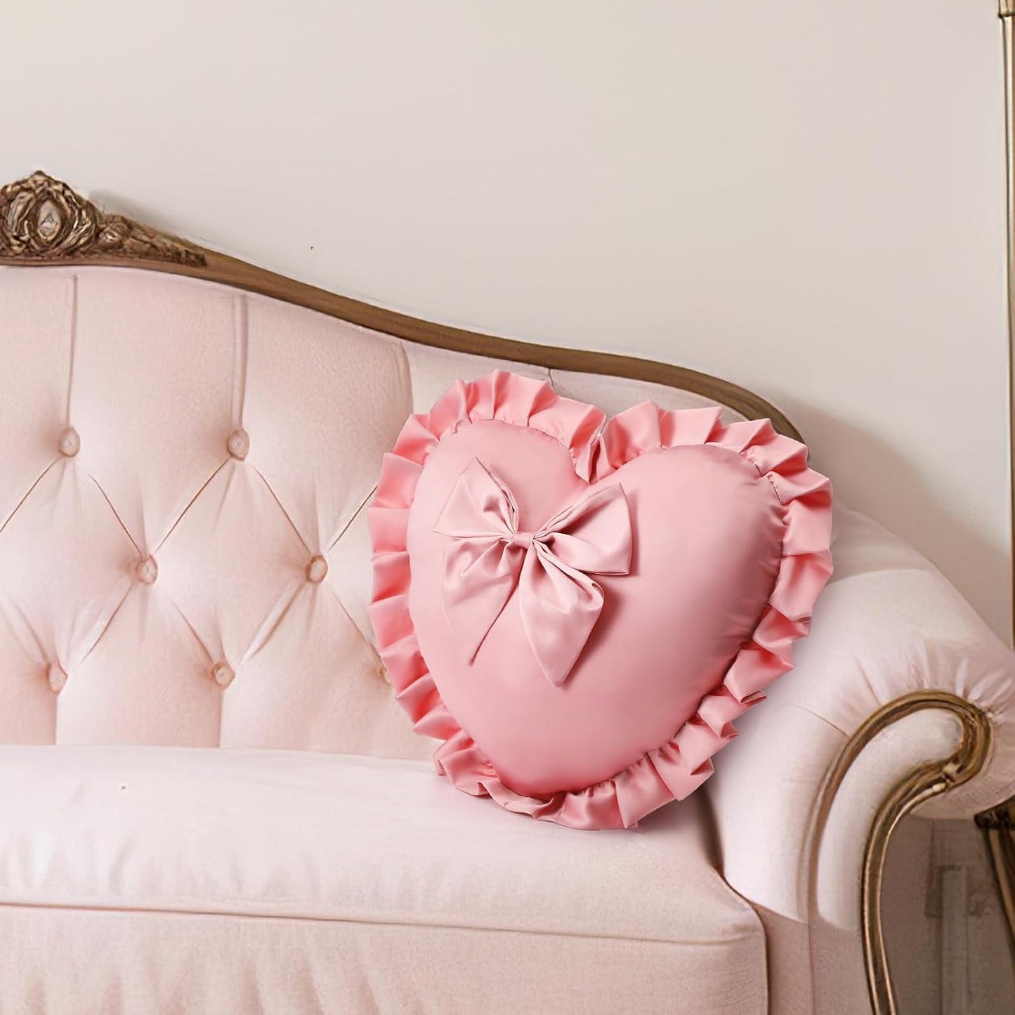 Pink Heart Ruffle Throw Pillow Heart Coquette Room Decor 15.75 Inch