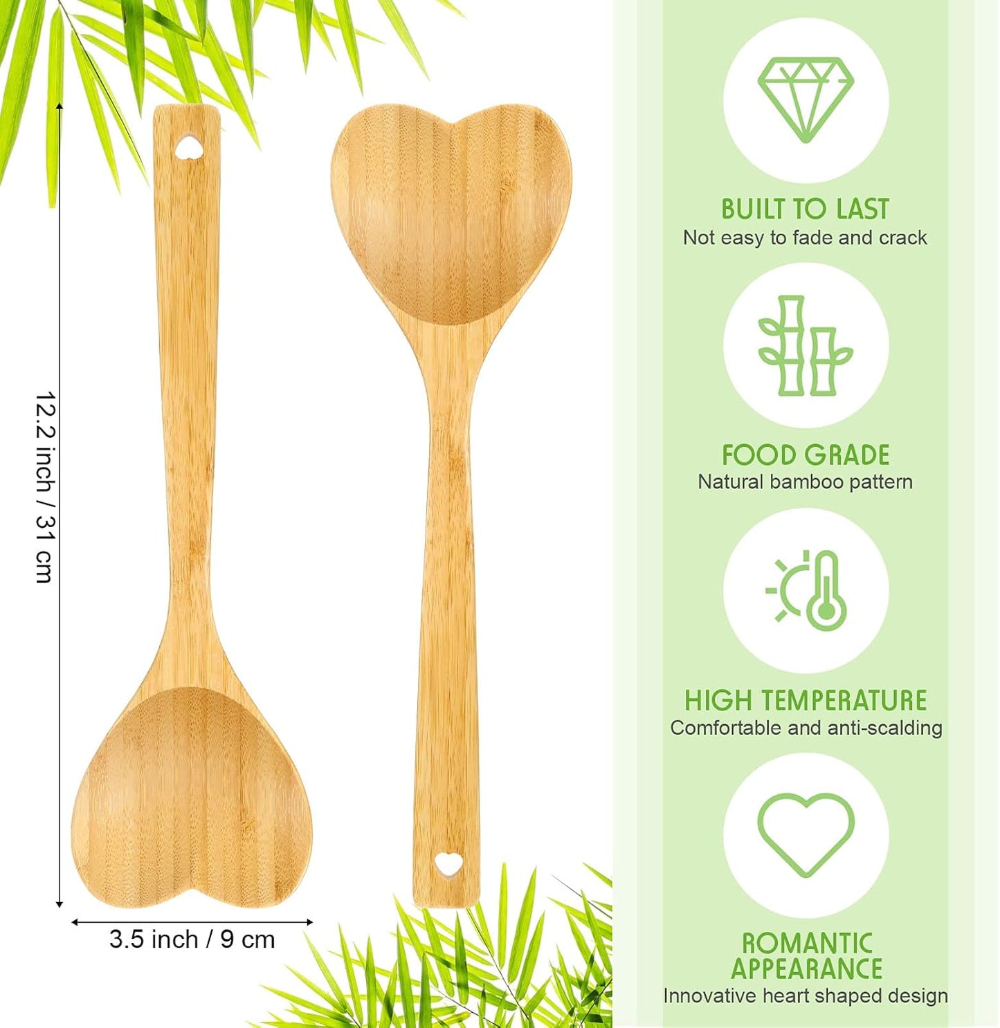 Wooden 2 Pieces Heart Spoons for Cooking 12.2 Inch Bamboo Spoon Kitchen Utensils