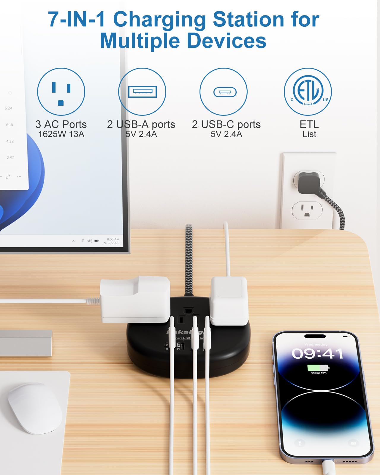 Cute Surge Protector – 5FT Flat Extension Cord, 3 Outlets, 4 USB Ports (24W)