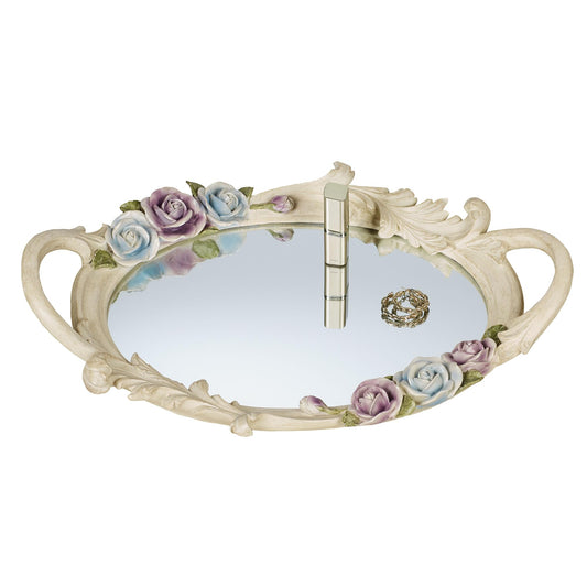 Rose Antique Charming Floral Mirrored Vanity Tray Purple and Blue on Ivory