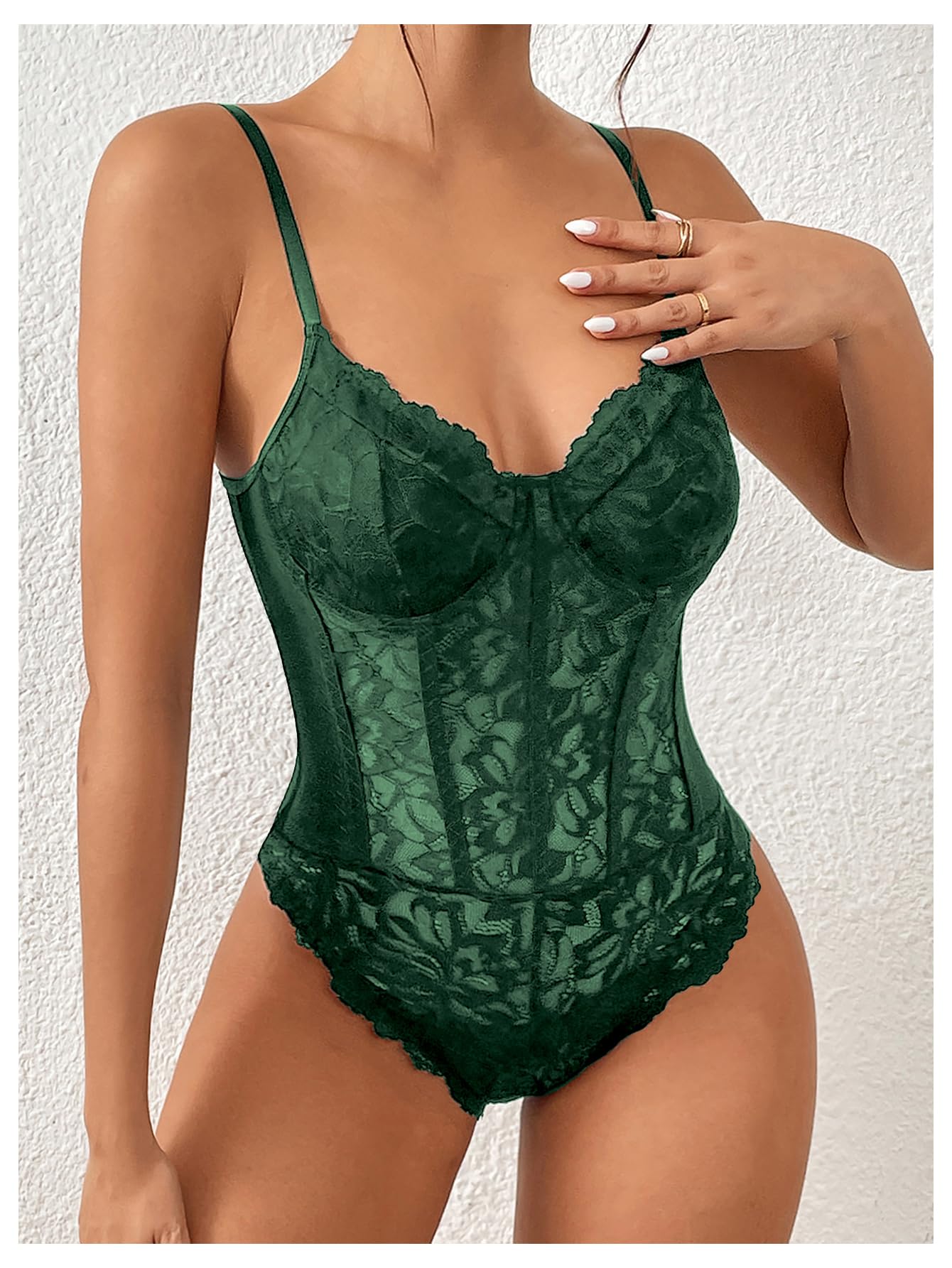 Sexy Floral Lace Sheer Mesh Corset Bodysuit Spaghetti Strap Cami Tops