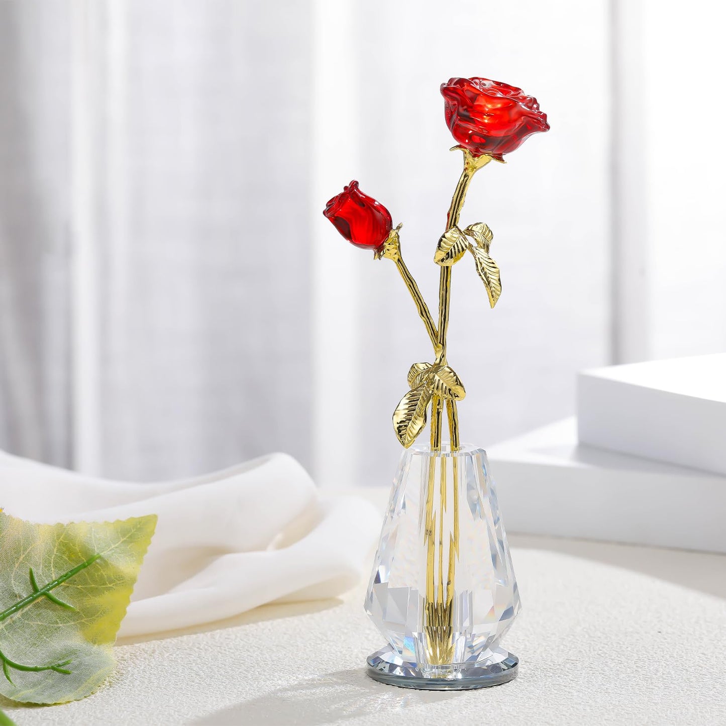 Crystal Rose Flowers Figurines Home Decor, Glass Roses with Stems