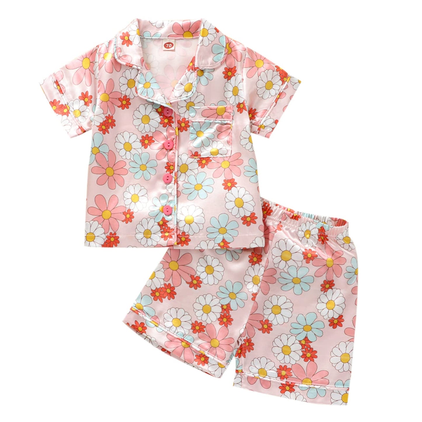 Toddler Girls Floral Silk Pajamas Short Sleeve Button-Up Top Shorts 2PC Flowers Satin Pajamas Set