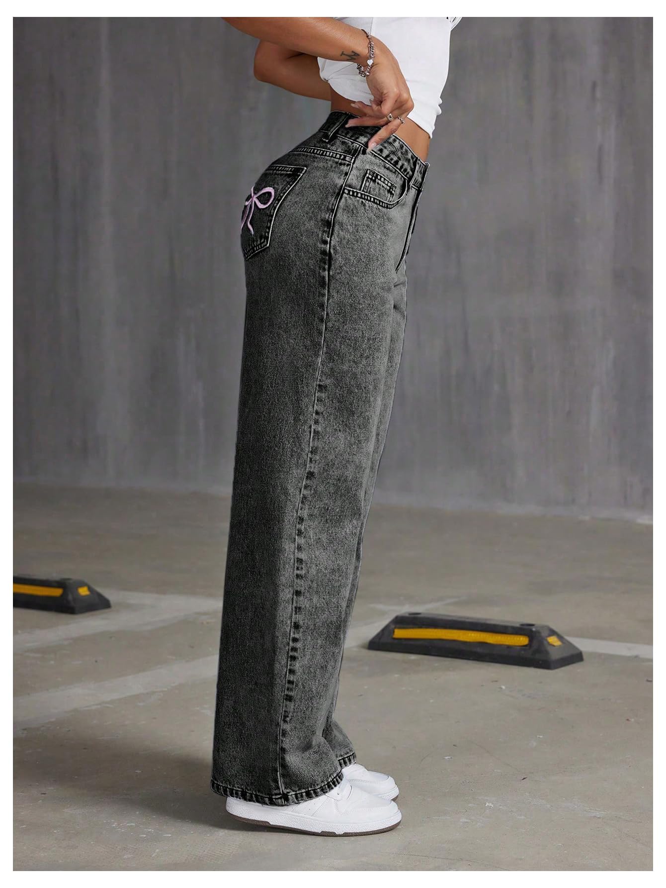 Women's Bowknot Embroidery Jeans - Y2k Straight Leg Boyfriend Denim Pants