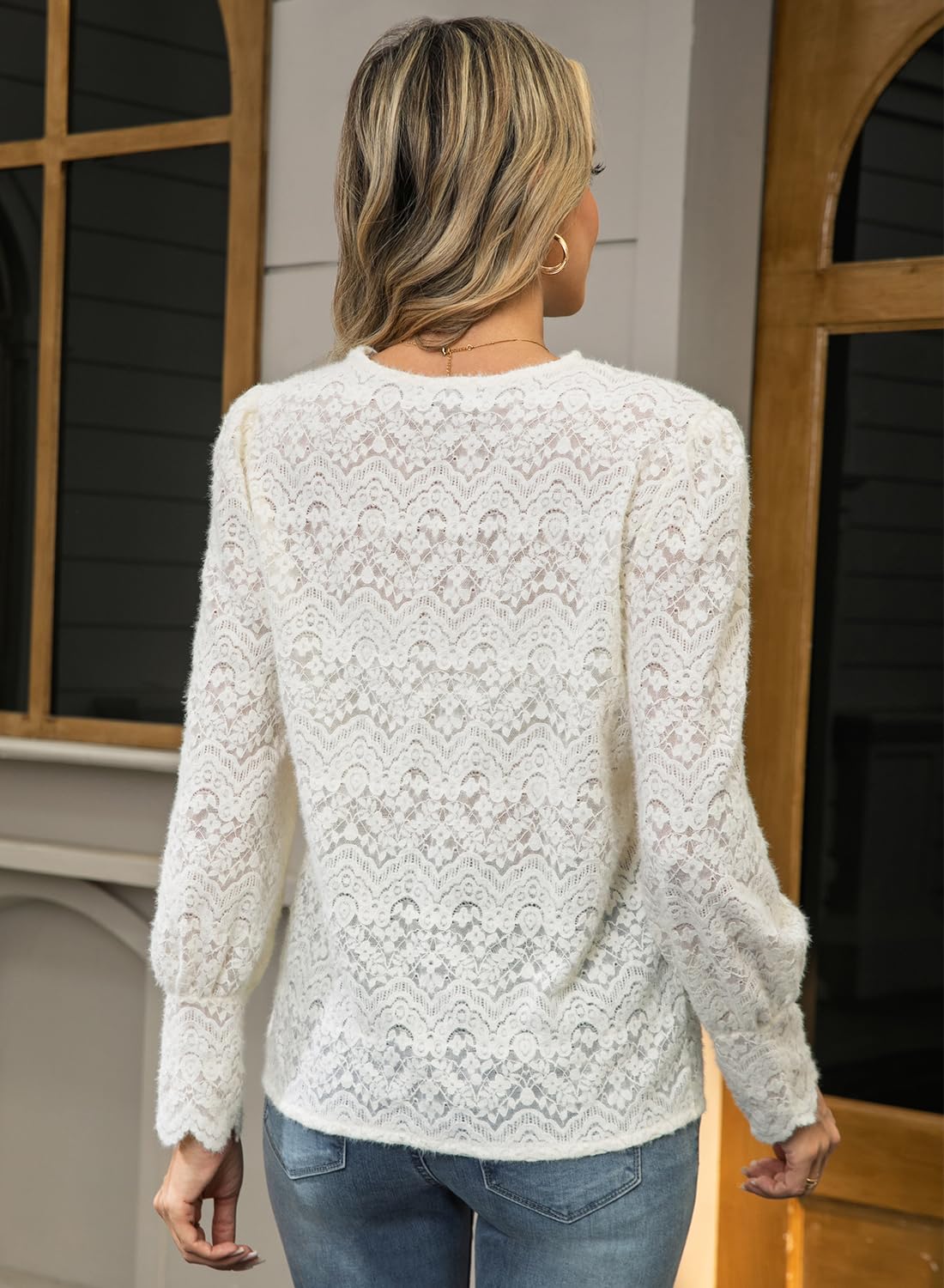 Lace Tops Blouses Puff Long Sleeve V Neck Button Down p