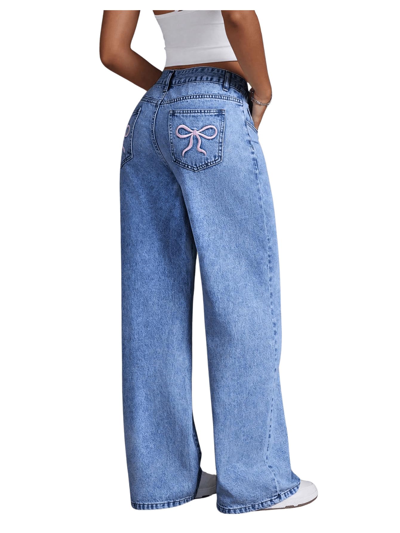 Women's Bowknot Embroidery Jeans - Y2k Straight Leg Boyfriend Denim Pants