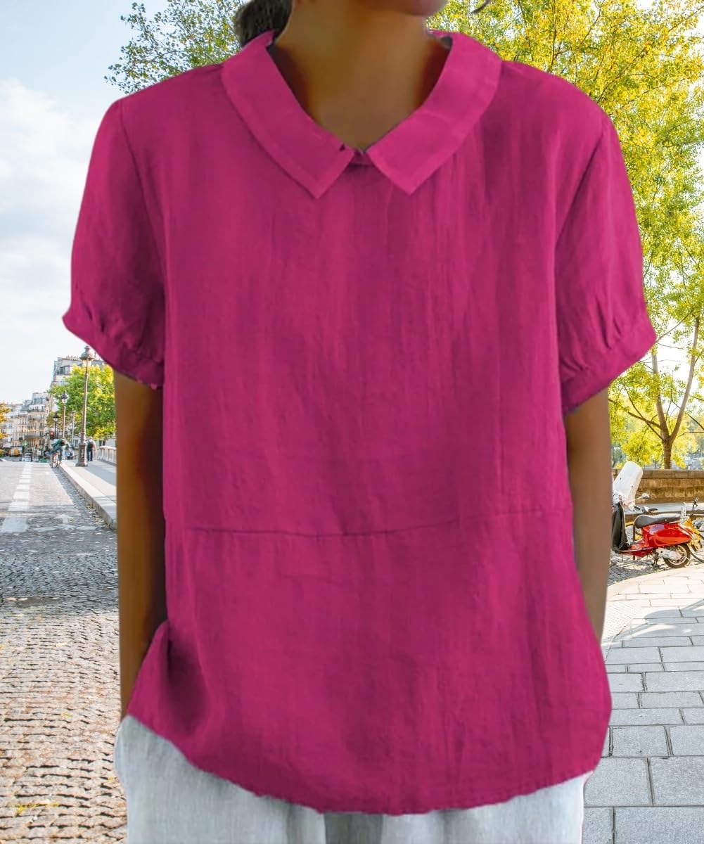 Cotton Linen Shirts Short Sleeve Casual Collared Work Blouse Tunic Tos