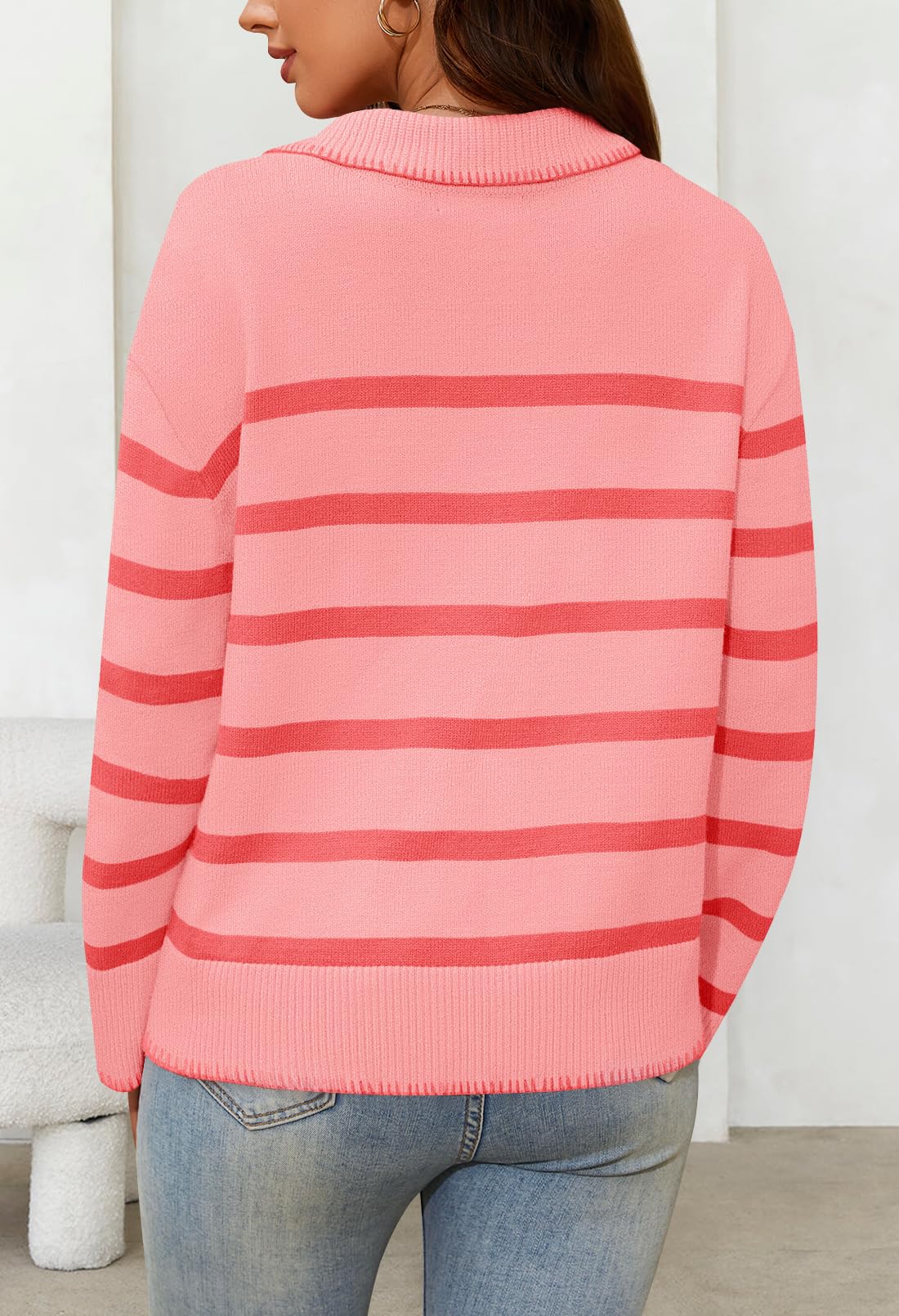 Women's Oversized Striped Sweater Collared V Neck Long Sleeve Knit Pullover