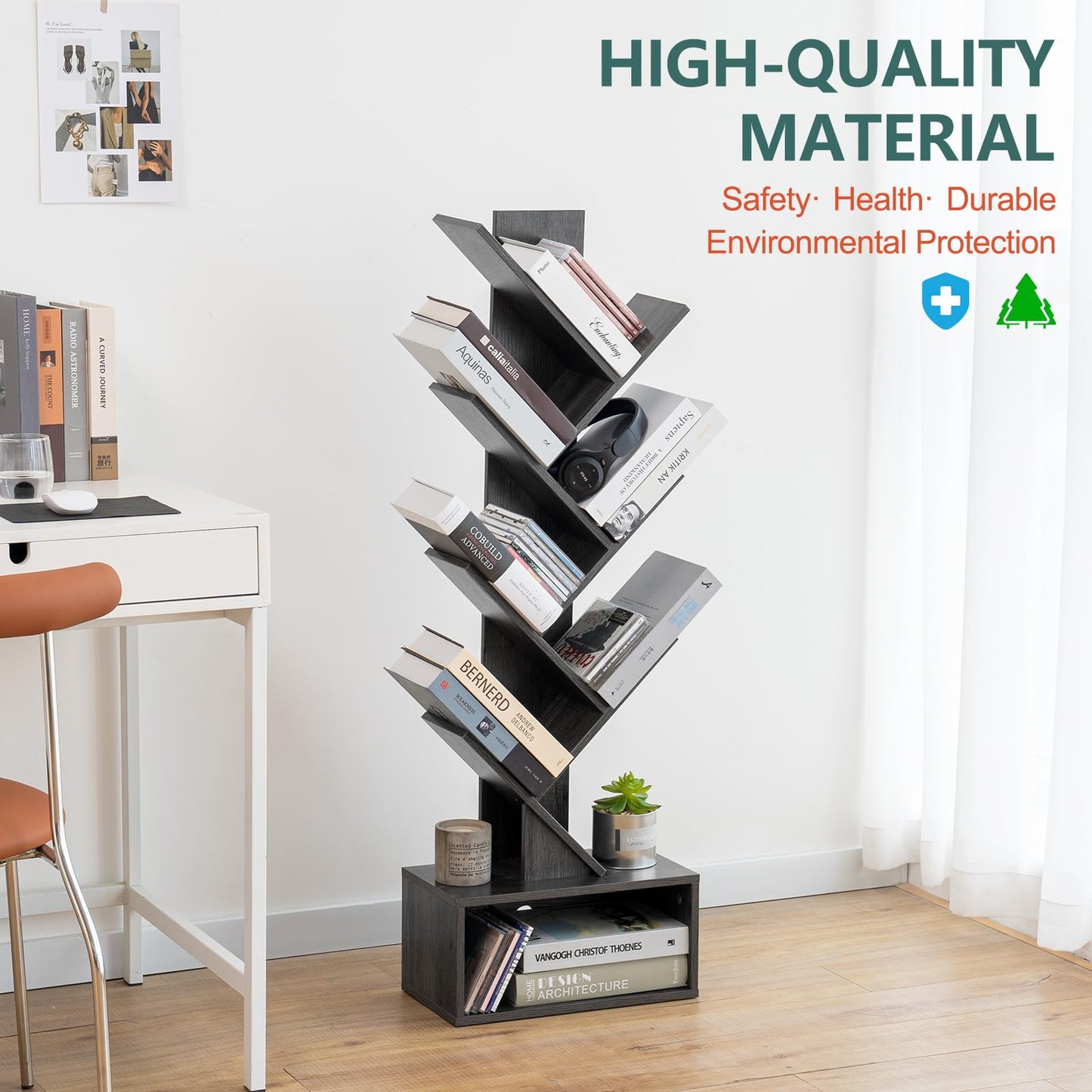 Tree Bookshelf - 6 Shelf Retro Floor Standing Bookcase, Tall Wood Book Storage Rack