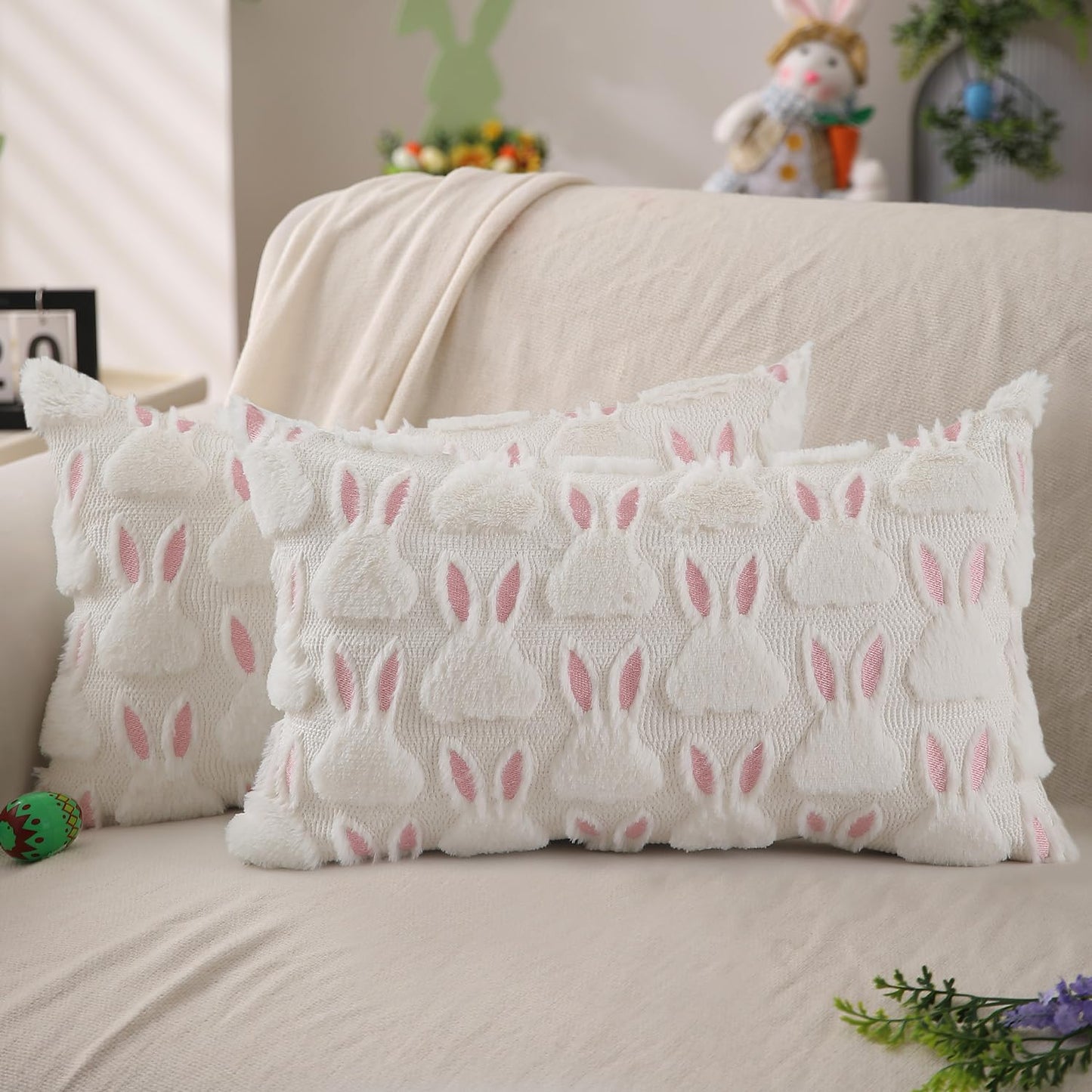 Easter Bunny Pillow Covers | Set of 2 Easter Soft Plush Faux Fur Jacquard Throw Pillows