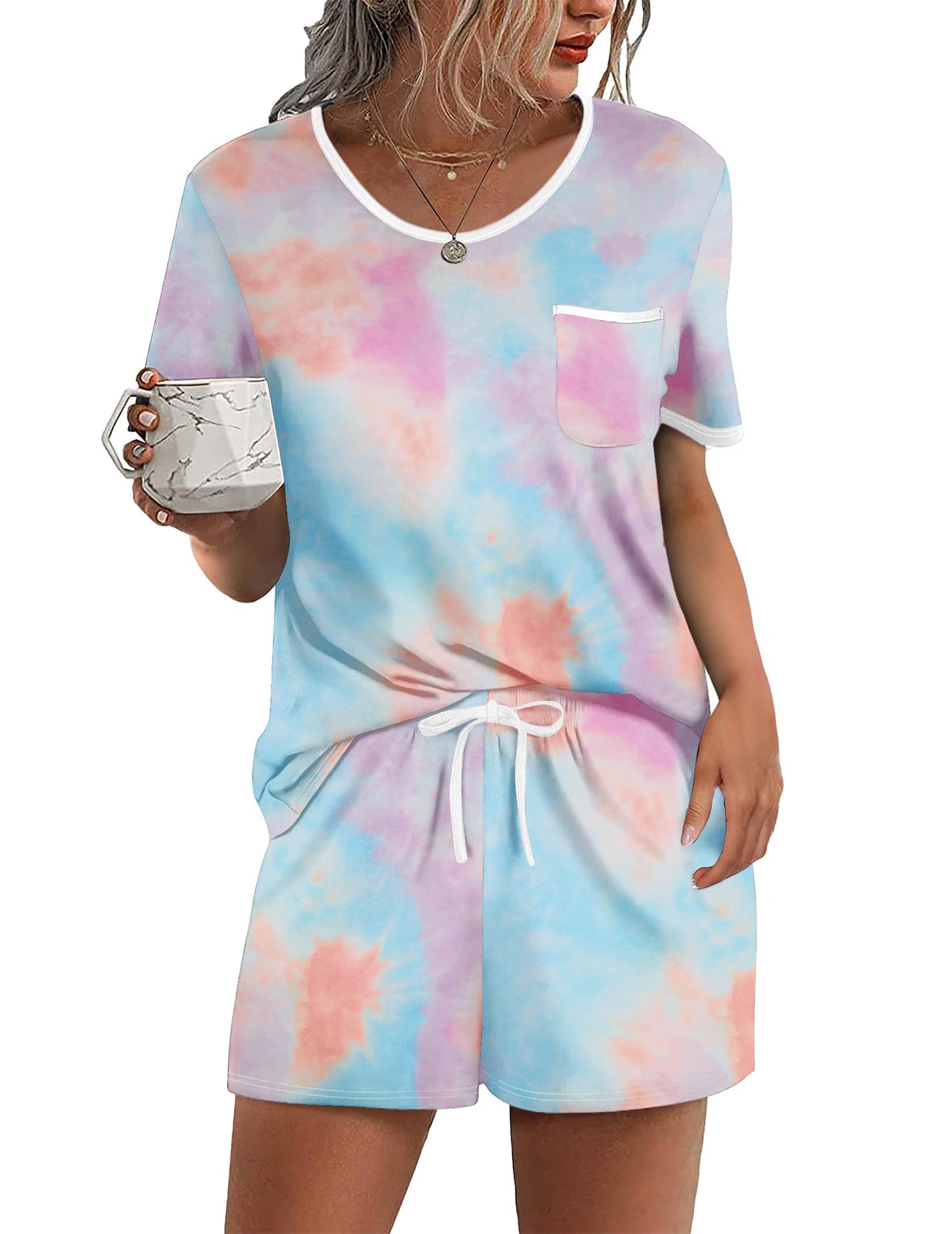 Pajama Set for 2 Piece Lounge Set Short Sleeve Tops and Shorts Soft Sleepwear, Chest Pocket