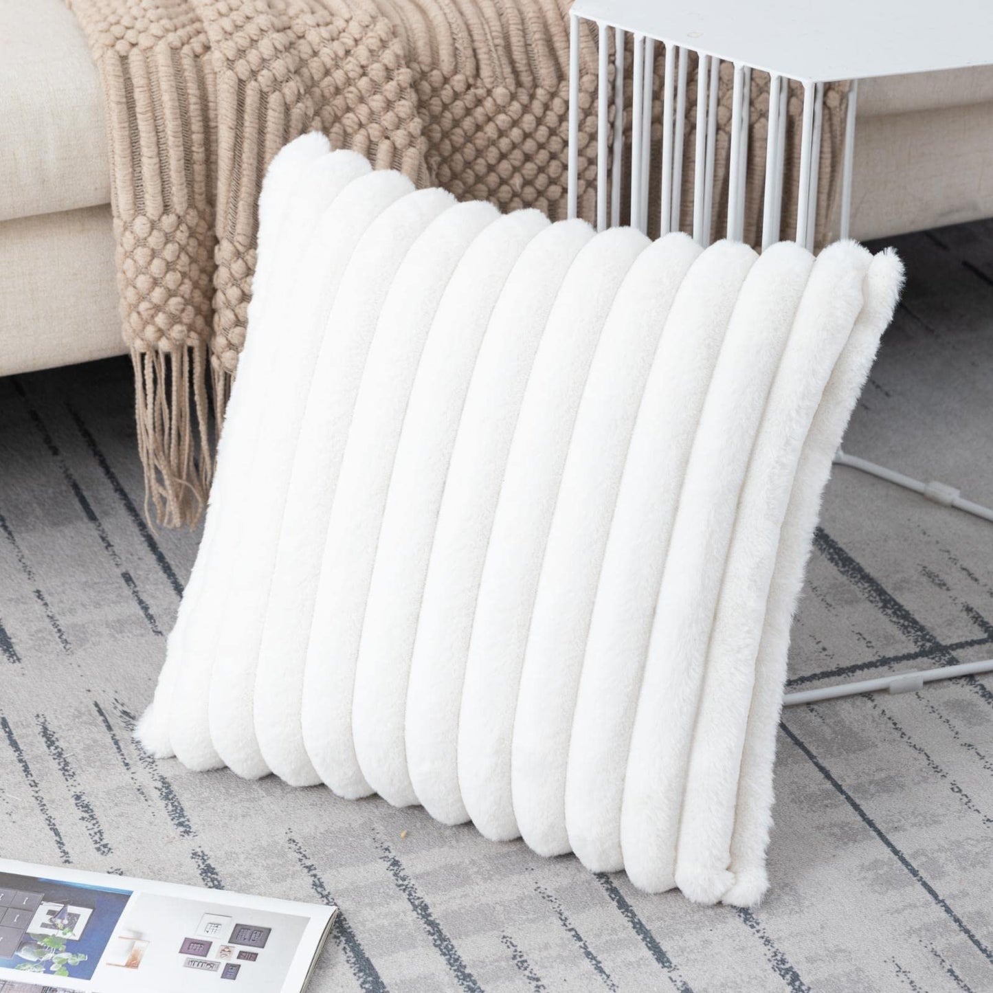 Set of 2 Fluffy Faux Fur Striped Pillow Covers – Decorative Cushion Cases