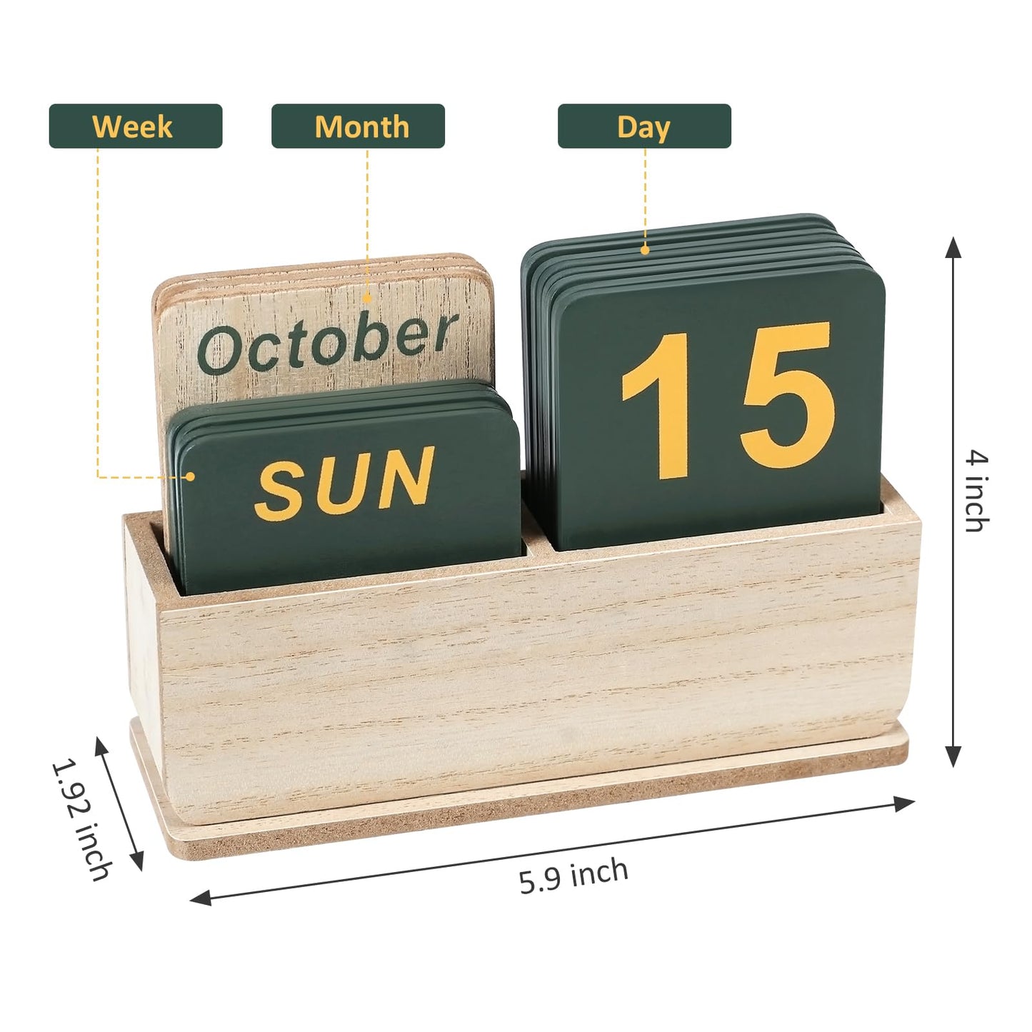 Wooden Block Perpetual Calendar for Desk, Daily Desktop Standing Flip Calendar with Large Display