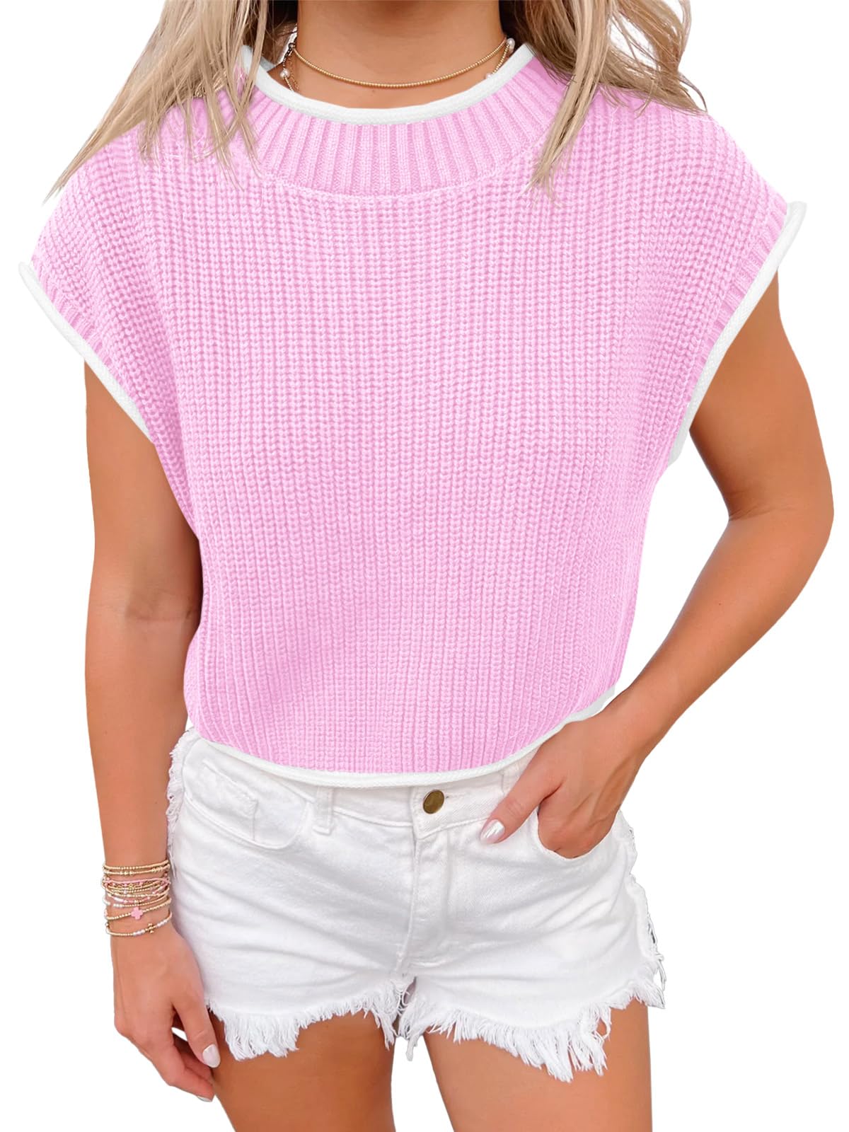 Womens Cap Sleeve Cropped Sweater Tops Crew Neck Color Block Loose Ribbed Knit Sweater Vest