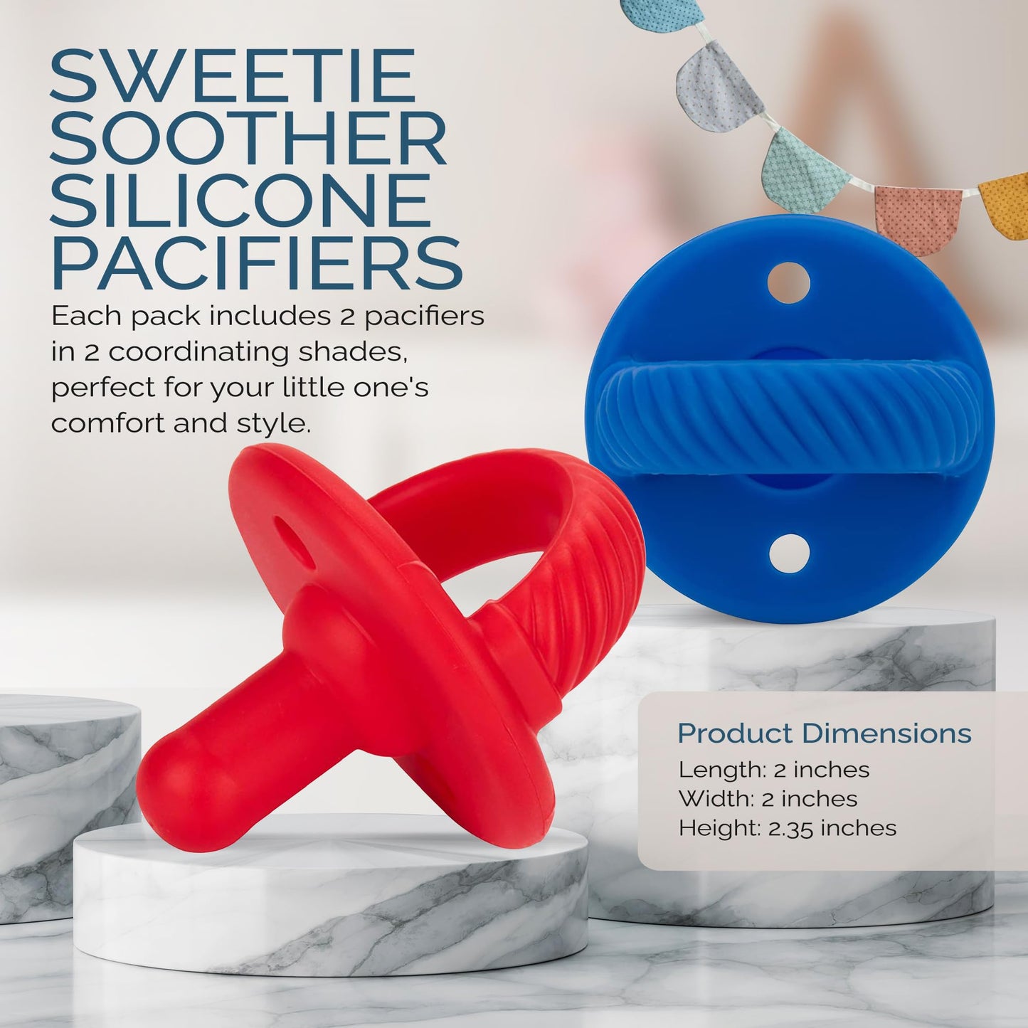 Silicone Pacifiers for Newborn - Sweetie Soother Pacifiers Feature Collapsible Handle & Two Air Holes for Added Safety