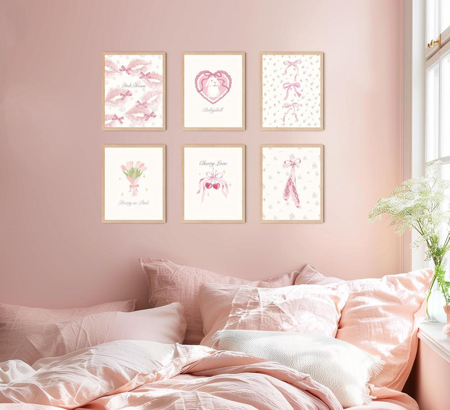 Coquette Room Decor Aesthetic, Pastel Pink Bows Posters (8" X 10", Set of 6, UNFRAMED)