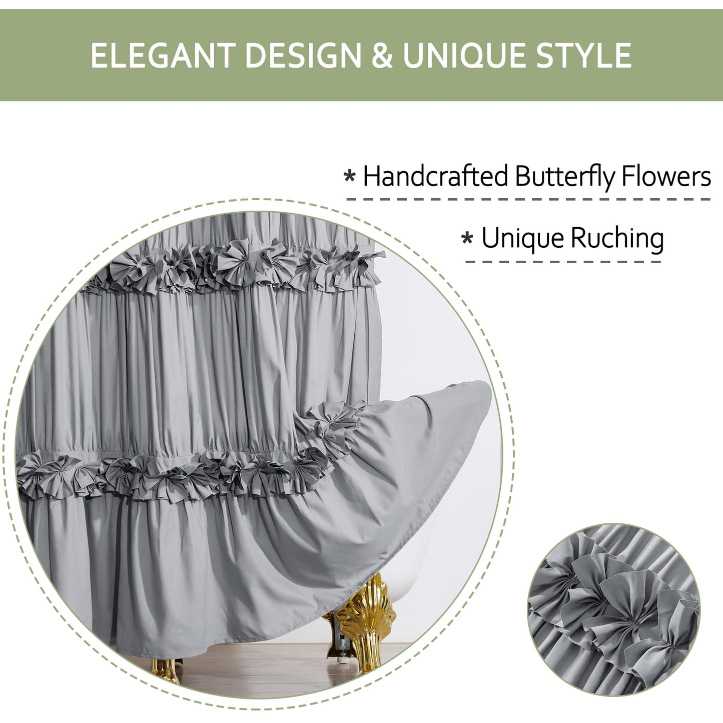 Victorian Bow Tie Ruffle Shower Curtain, with 12 Buttonholes, 72" W x 72" H, White (LQ-10)